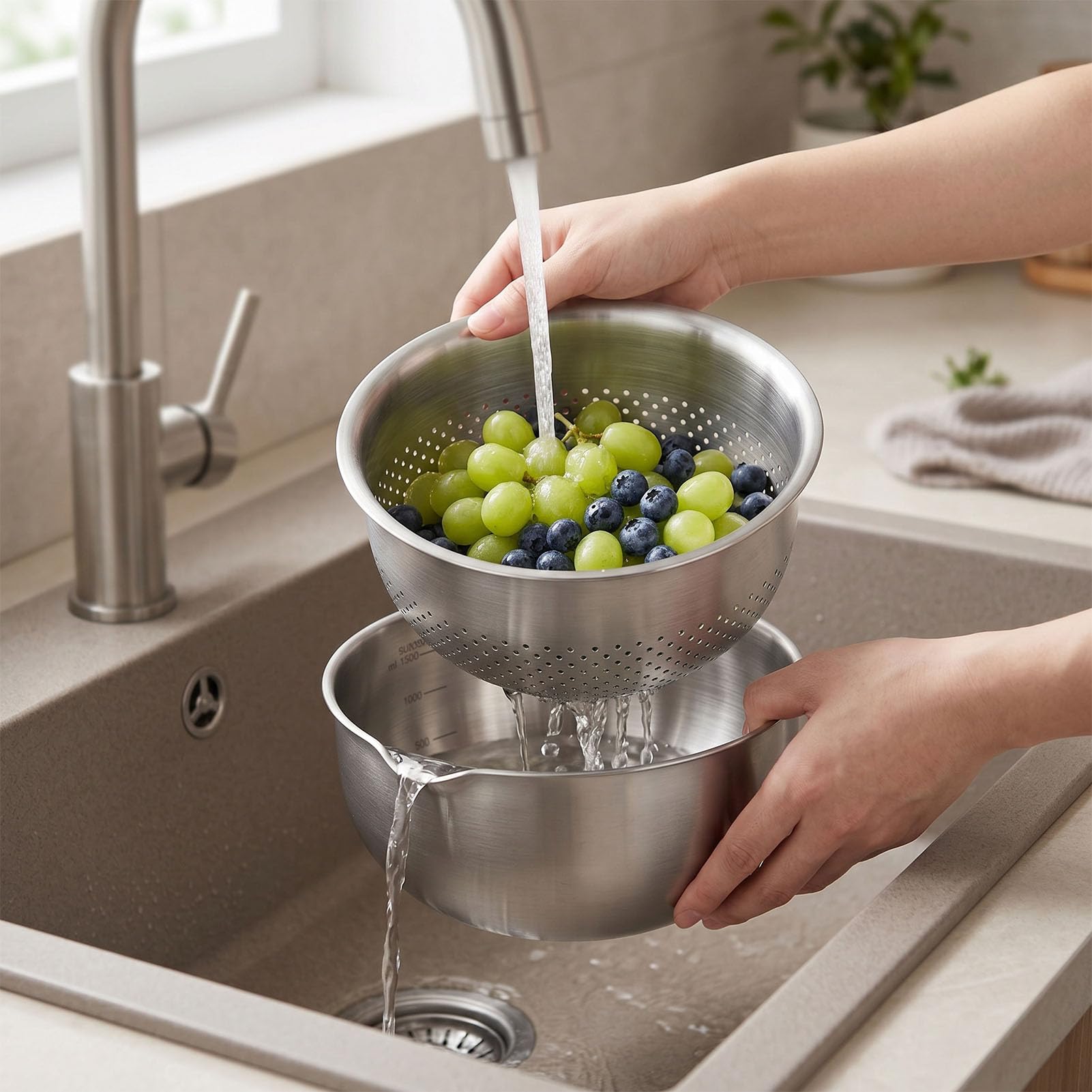 Fockety Juego de Cuencos Coladores de Acero Inoxidable, Cesta Multiusos para Lavar Frutas y Verduras con Gran Capacidad y Acabados Suaves, Colador de Metal para Escurrir Servir en la