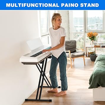 Height Adjustable Keyboard Stand With Quick Release Mechanism - Double X Foldable Heavy Duty Instrument Stand With Locking Straps for 54-61-88 Key Electronic Pianos