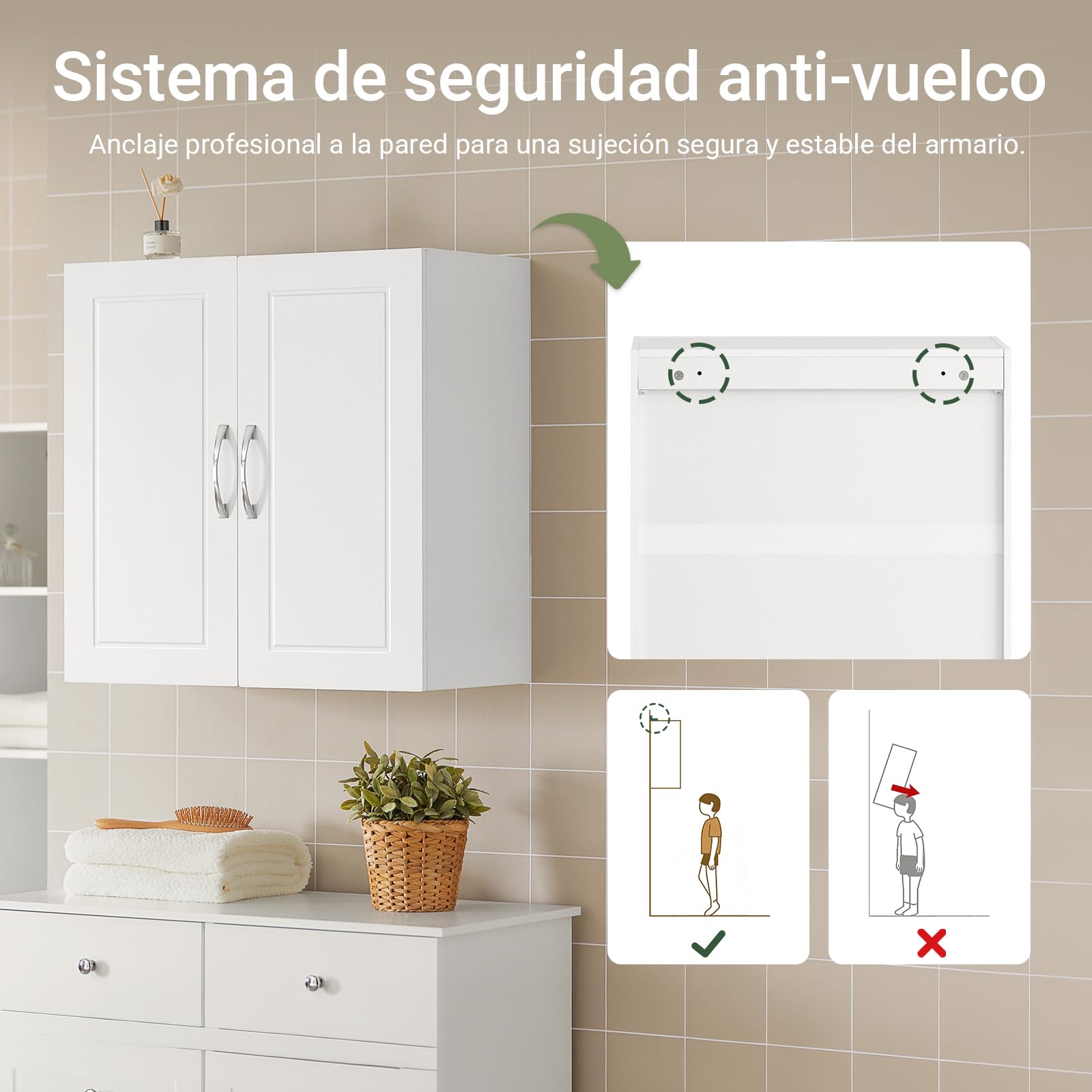 SoBuy Mueble Cocina Pared - Armario de Cocina con 2 Puertas Blanco Armario Pared Salvaspazio de Madera 60x30x60 cm con Estante Ajustable Despensero Moderno FRG231-W
