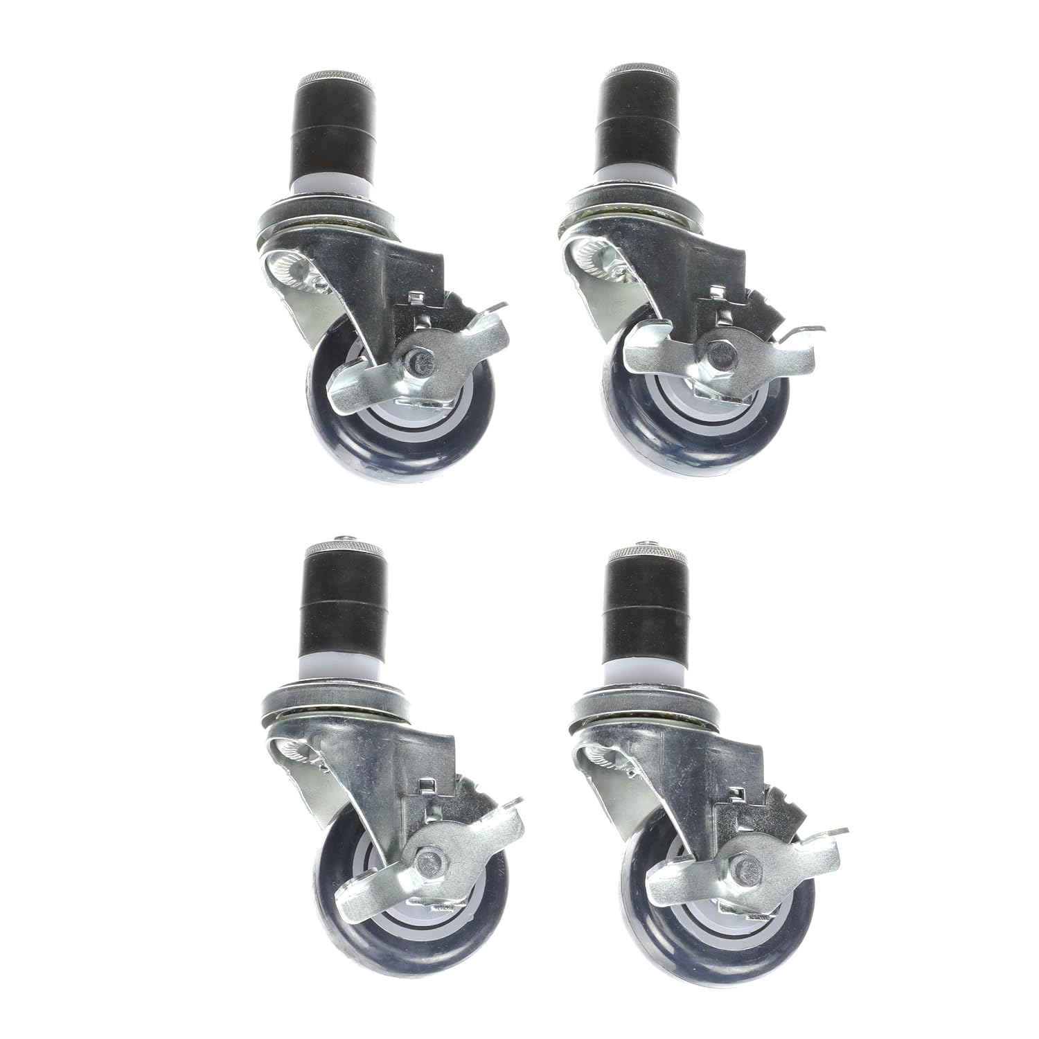 Medium Duty Expanding Stem Caster Kit - 1-1/2" Stem, 3" Blue Polyurethane Wheel, 4 Brake Casters