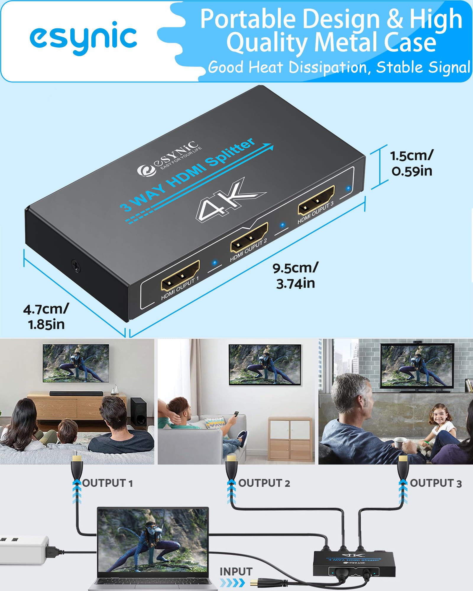 eSynic Répartiteur HDMI 1 Entrée 3 Sorties 4K@30HZ HDCP 1.4 Coque Métal