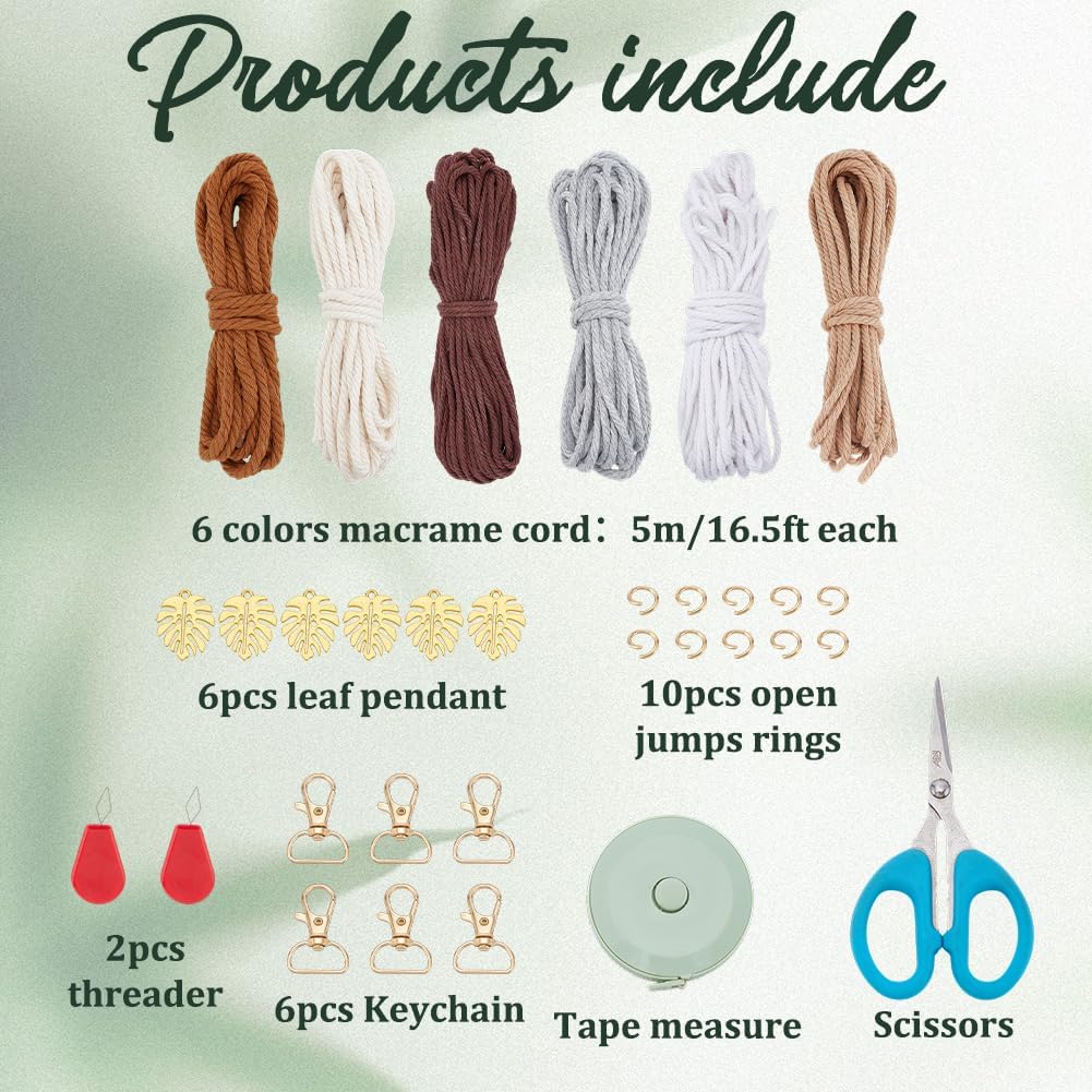 INFUNLY 6 Set DIY Macrame Keychain Kit Vintage Boho Macrames Palm Leaf Keychain Making Kit for Beginner Dark Color Macrame Keychain Starter Set with Instruction for Women Teen