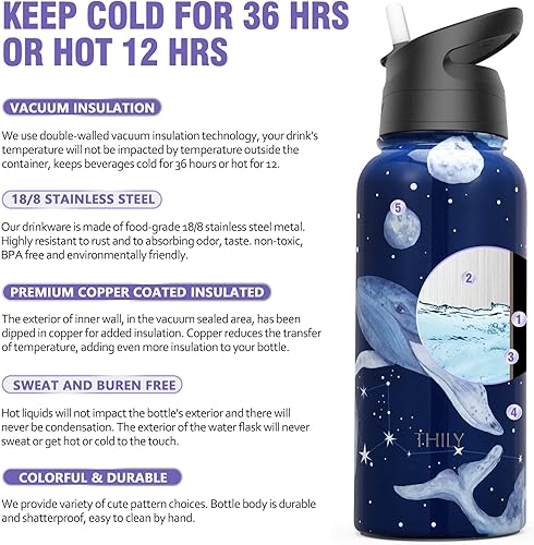 Miniatura 3 de THILY Botella de agua deportiva aislada al vacío  Botella de agua deportiva de 32 onzas de acero inoxidable a prueba de fugas con tapa abatible y