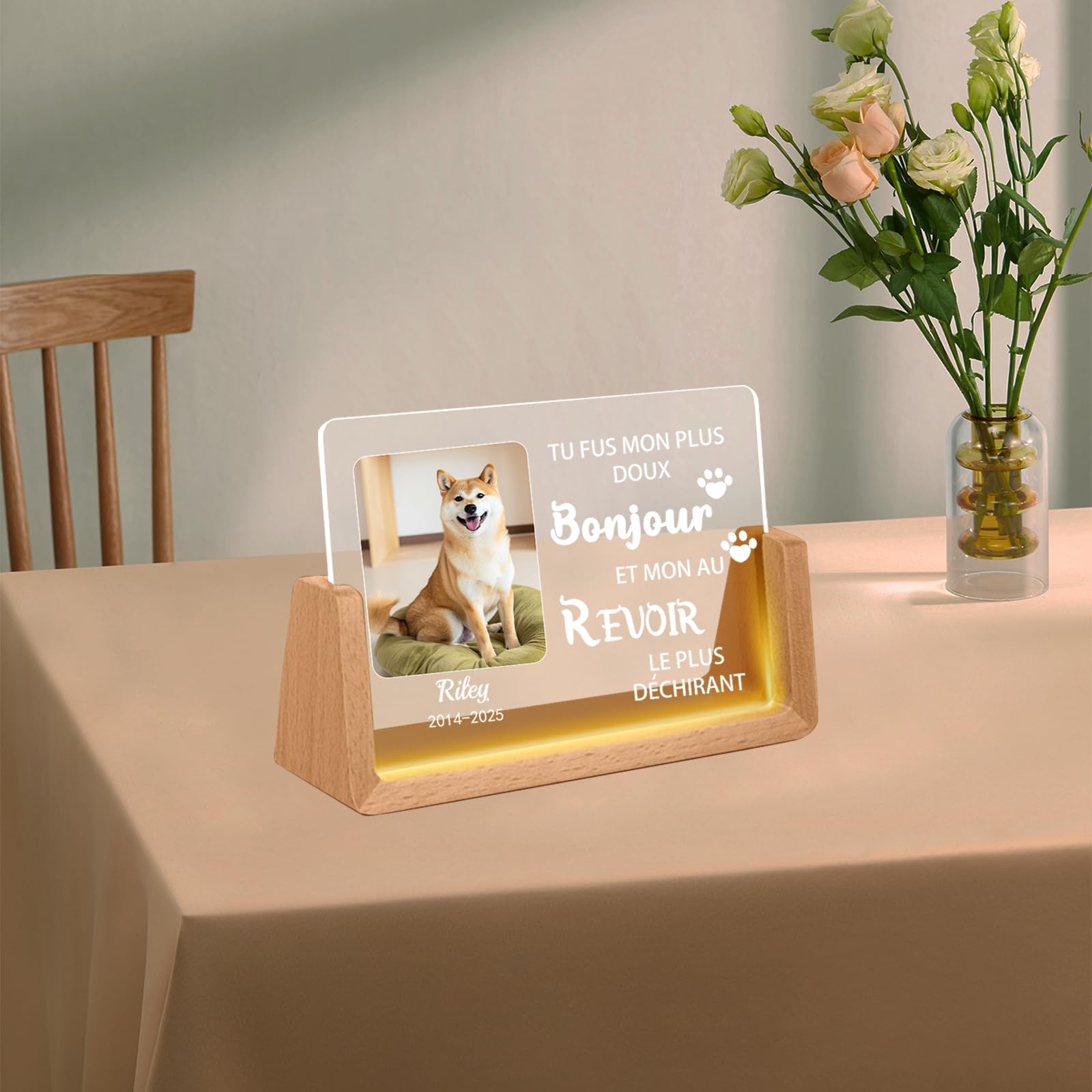 Veilleuse Mémoire pour Chien Personnalisée – Lampe LED avec Photo & Nom d'animal, Cœur & Empreintes de Patte, Cadeau de Deuil pour Amoureux des Chiens, Souvenir avec Date (Style D)