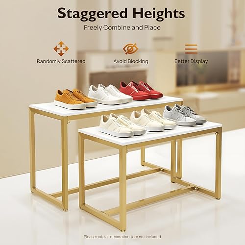 Miniatura 2 de Estantes de exhibición de venta al por menor de ropa de pie libre, juegos de mesas de anidación de diseño de oro blanco, zapatos boutique bolso