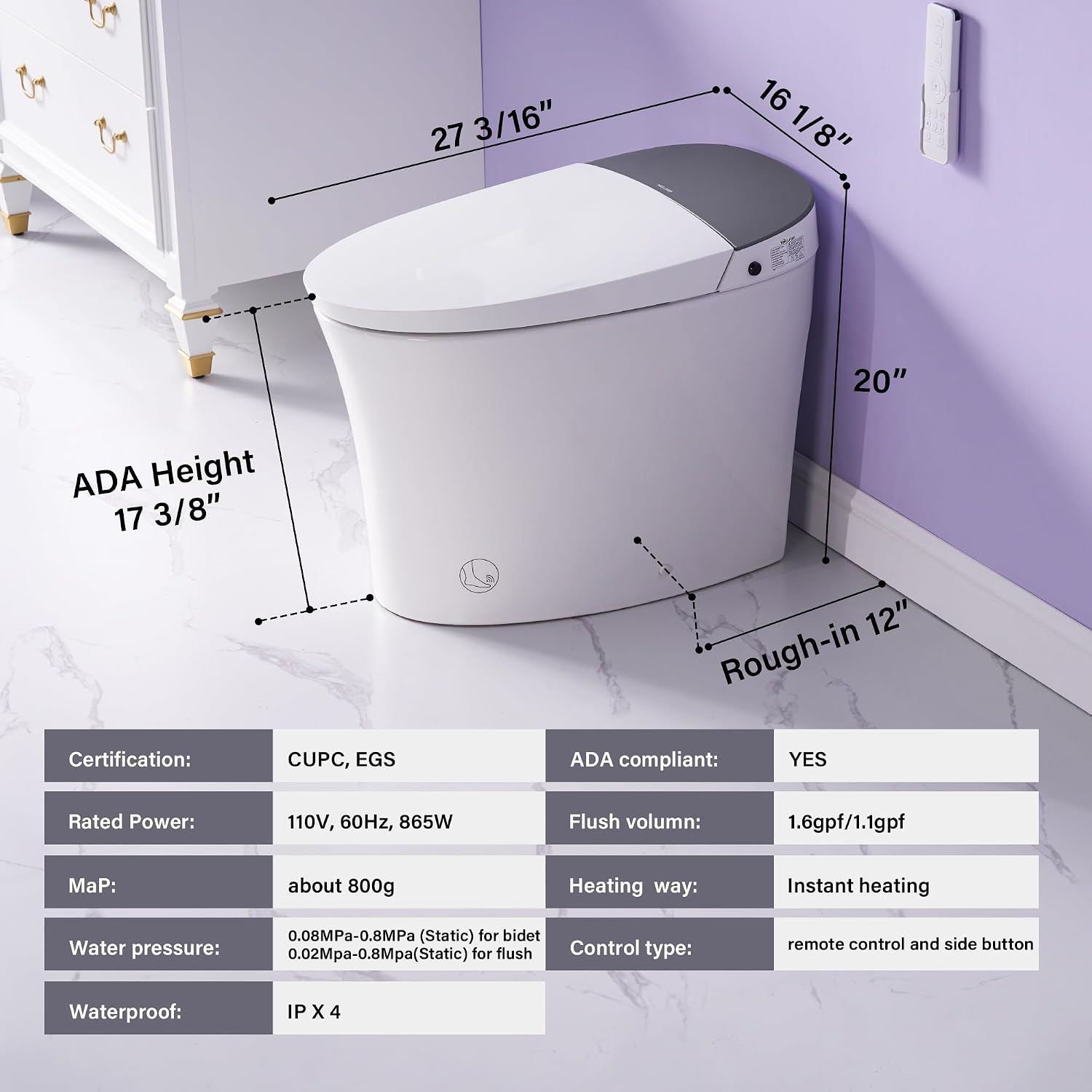 WELLFOR Smart Bidet Toilet with Built-in Tank, 1.6 GPF Auto Flush Smart Toilet, Heated seat, Foot Touch/Sensor Open Lid Toilet, ADA Chair Height Design, Remote Control and Side Knob, Night Light