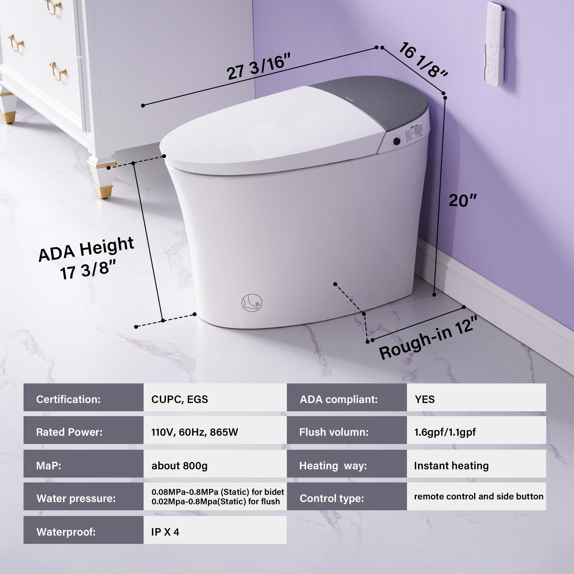 WELLFOR Smart Bidet Toilet with Built-in Tank 1 6 GPF Auto Flush Smart Toilet Heated seat Foot Touch — view 3