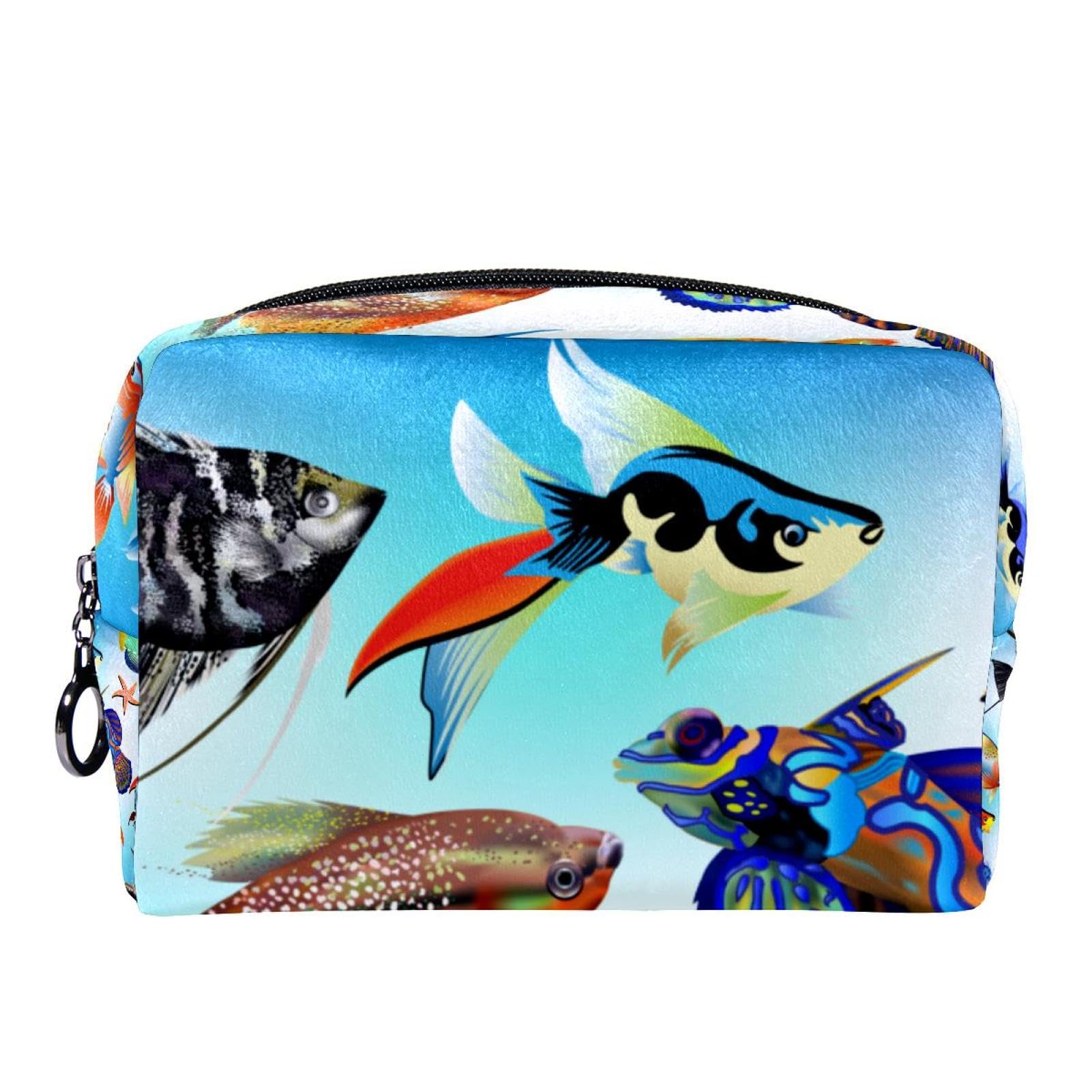 WOSHJIUK Small Makeup Bag Travel Cosmetic Bag with Zipper,ocean colored ses fish,Cosmetic Organizer for Women