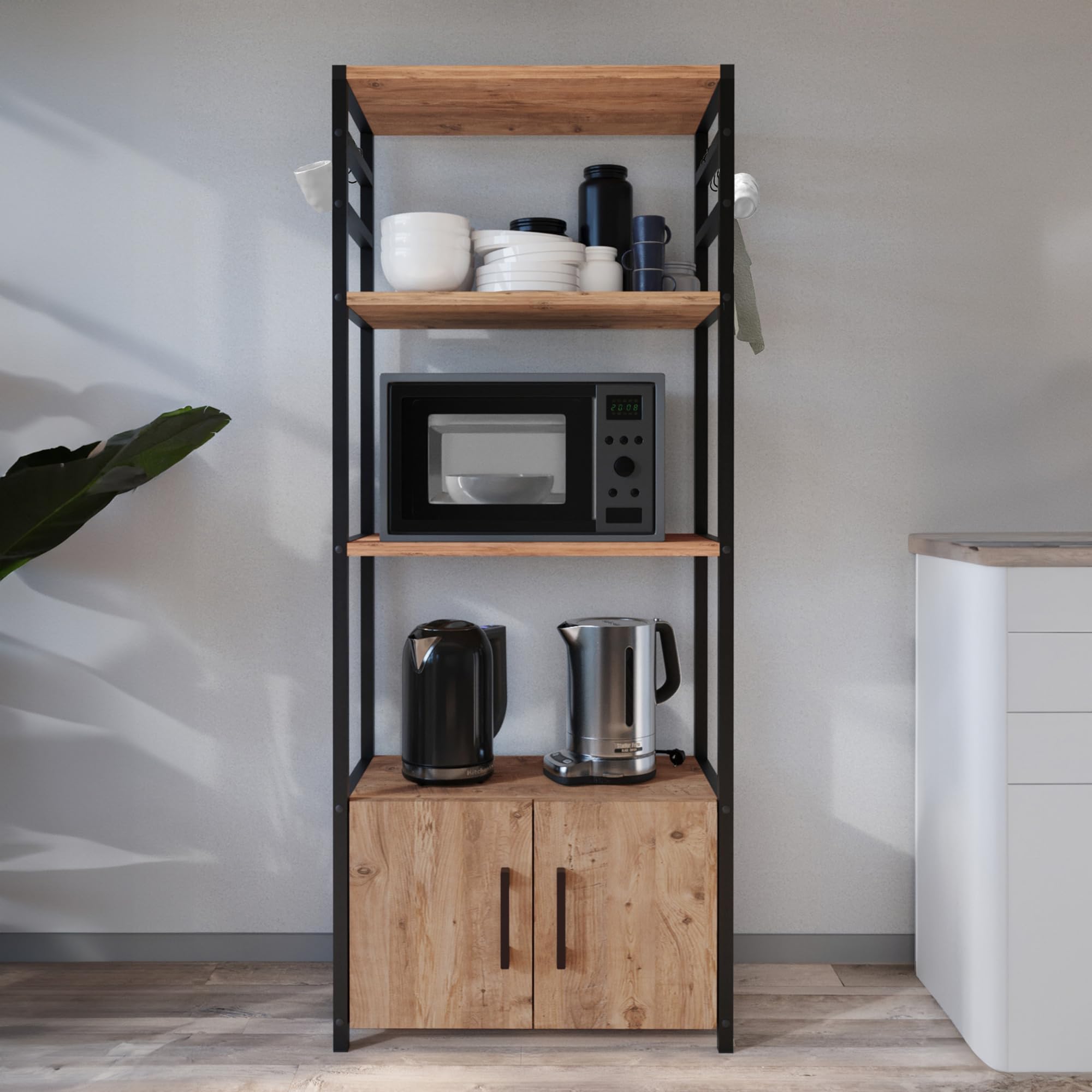 [en.casa] Estantería de Cocina Arhuni para Utensilios Microondas Armario con 3 Compartimientos Abiertos y 2 Puertas Organizador Mueble de Cocina Metal 139 x 56 x 30 cm - Efecto Roble