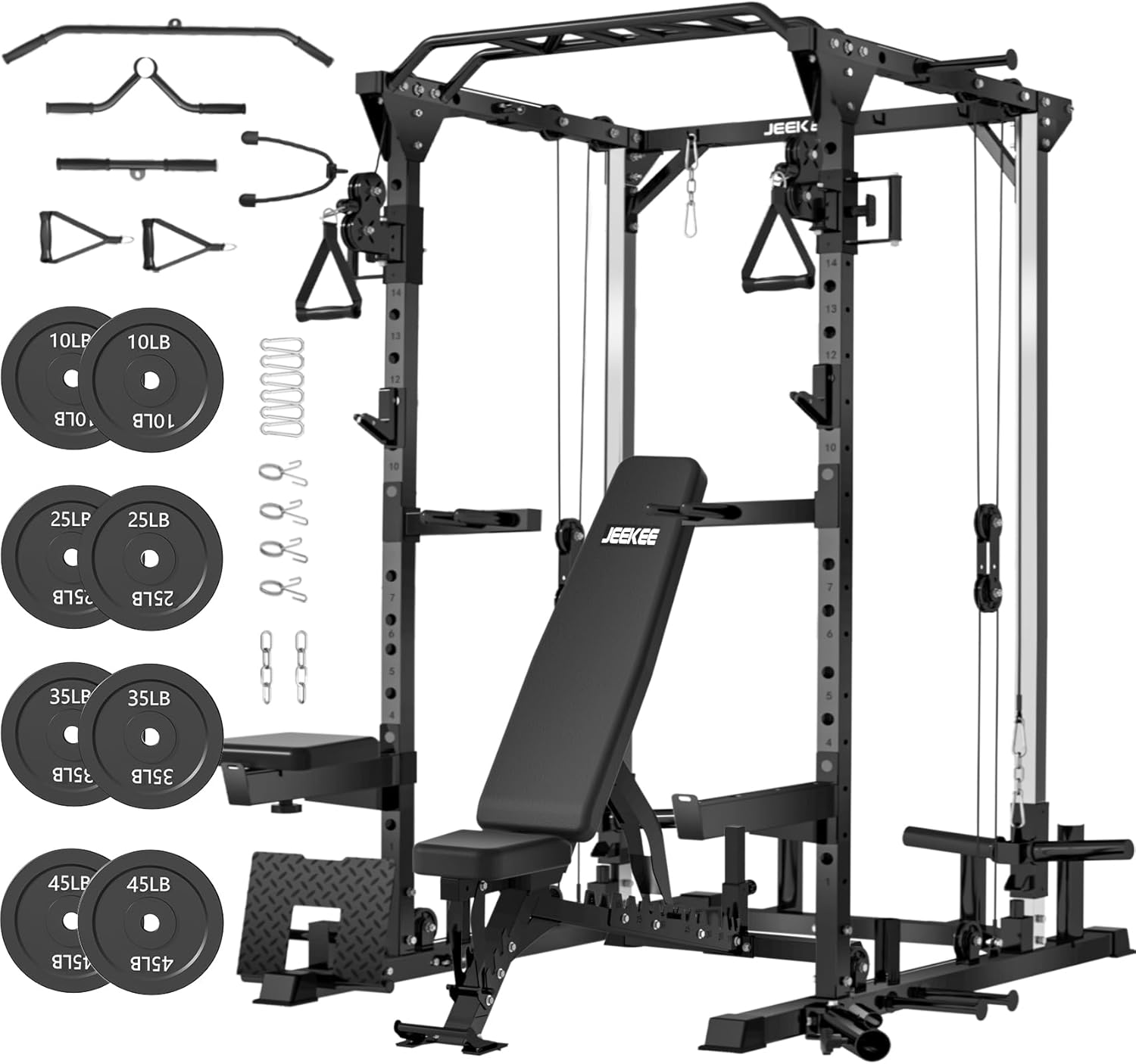 JEEKEE Power Cage with Bench and 230LB Black Olympic Weight Plates,2000lbs Multi-Function Squat Rack, Power Rack with Cable Crossover System and 20+ Attachments