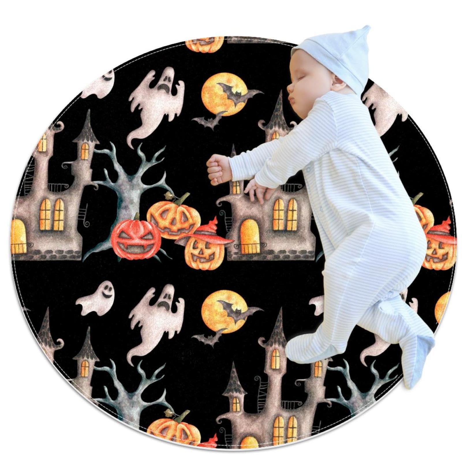 Tapis de douche antidérapant Halloween rond avec fantômes et citrouilles
