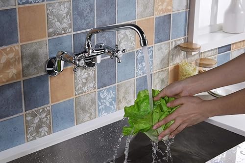 Vista 11 de Sumerain Grifo de pared de cocina 2 mango cruzado níquel cepillado montado en la pared grifo 3 "a 9" ajustable cepillado níquel