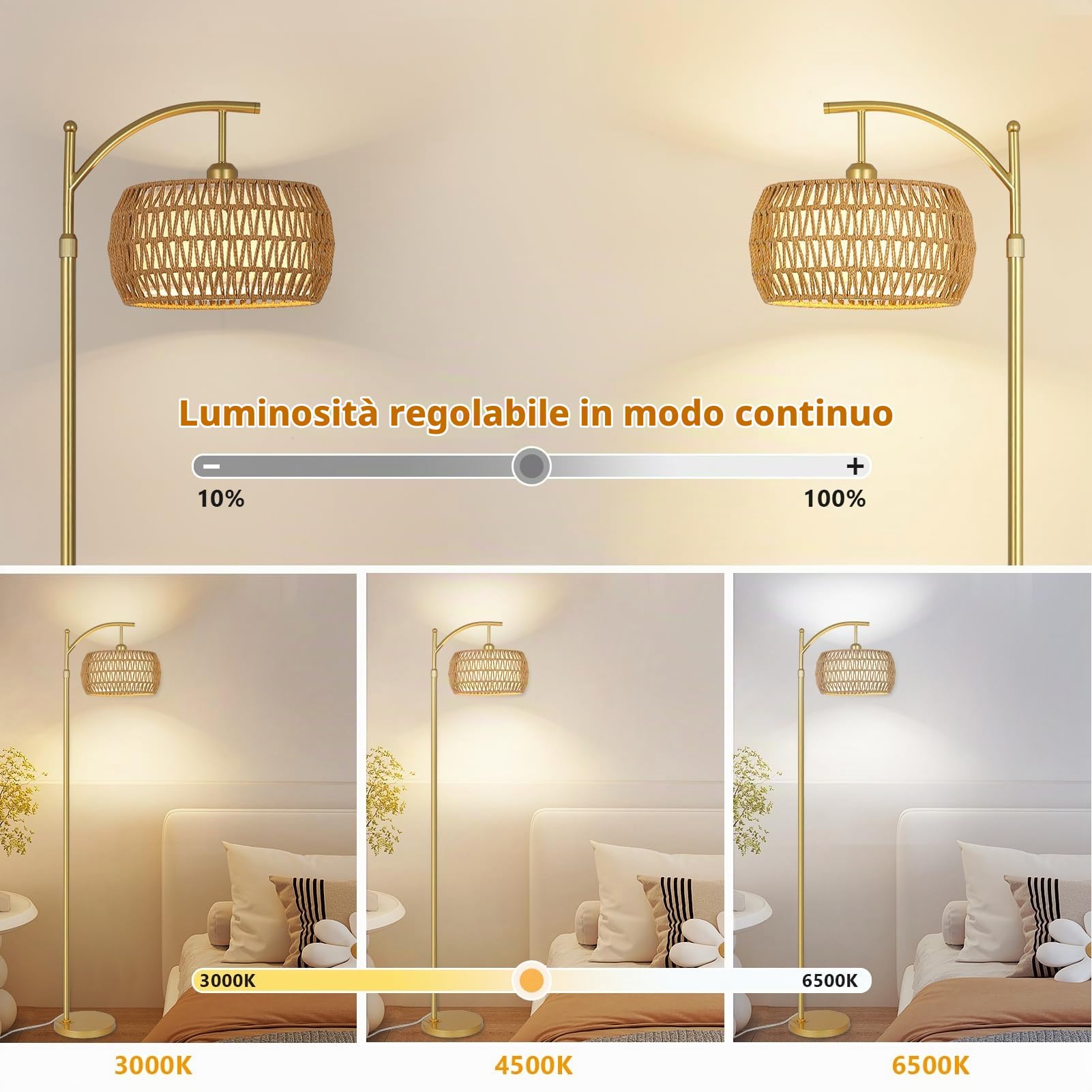 Rayofly Lampada da Terra Dorata da Soggiorno, Lampada da Terra in Rattan Dimmerabile con Telecomando, App di Controllo, Lampada da Pavimento Boho con Paralume in Rattan per Camera da Letto, Ufficio