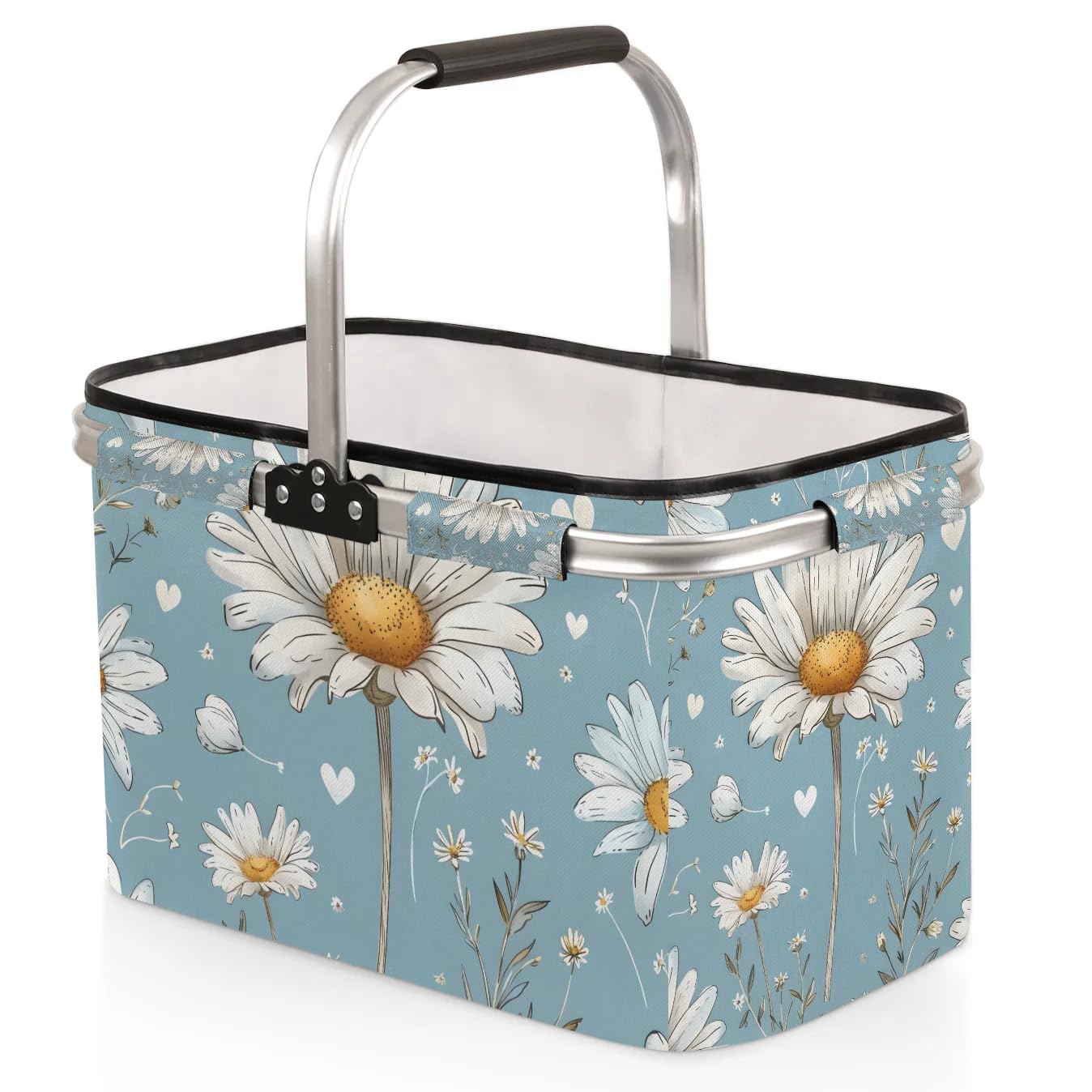 Eativisa Daisy Flower Picnic Basket Large Collapsible Market Basket with Handle Aluminum Frame Shopping Basket Foldable Portable Grocery Bags Laundry