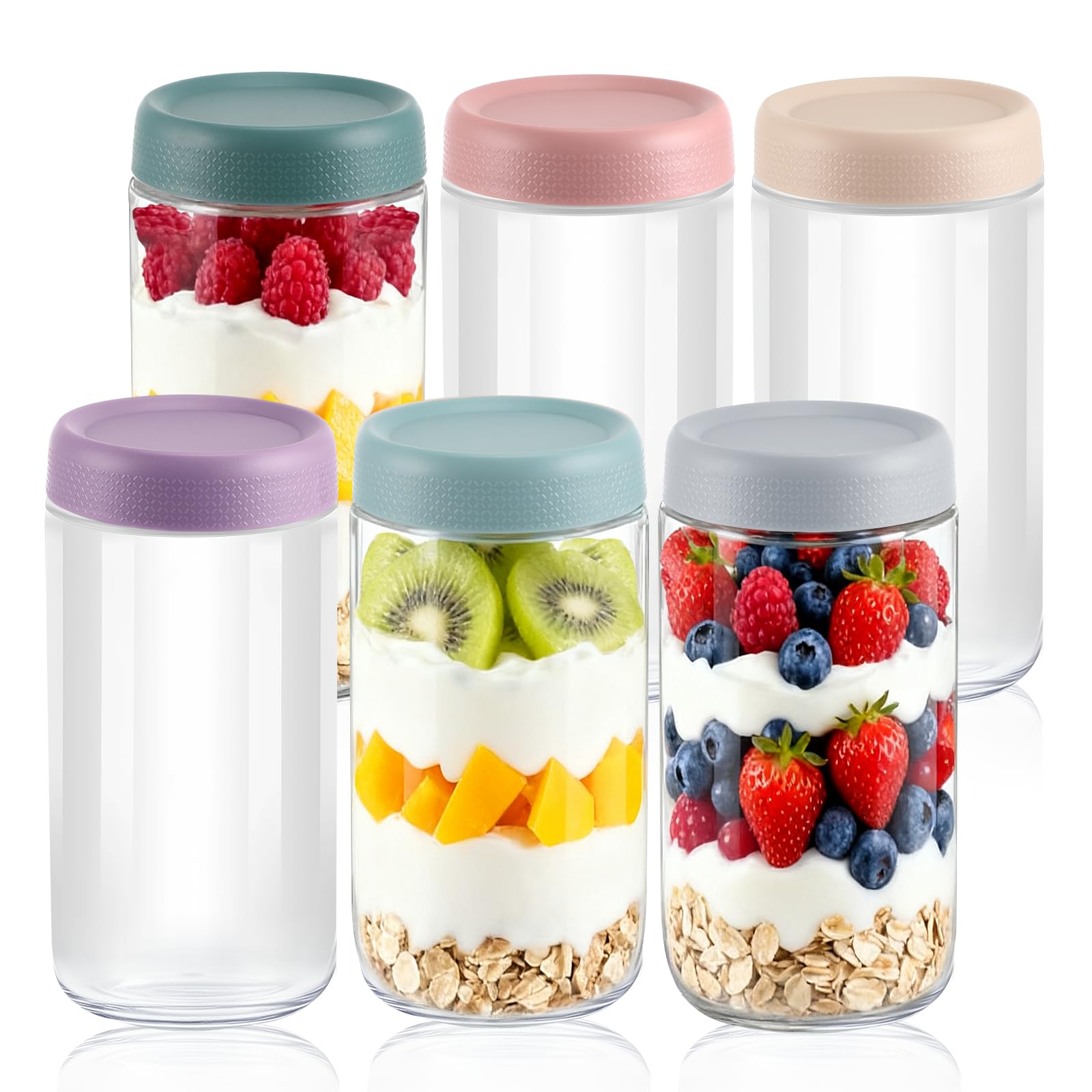 Set Di 6 Barattoli In Vetro Per Avena Notte E Preparazione Pasti - 473 Ml Con Maniche In Silicone Antiscivolo - Ermetici, Lavabili In Lavastoviglie E Congelatore - 2