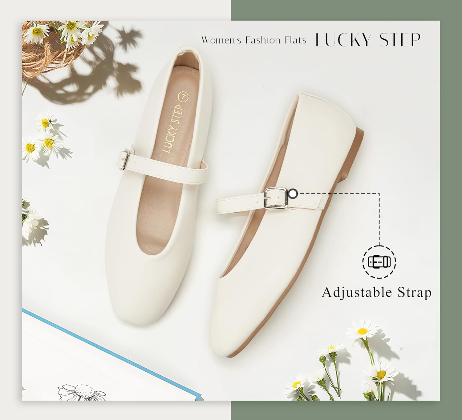 LUCKY STEP Women's Mary Jane Flats Buckle Strap Ballet Dress Pointed Toe Daily Casual Low Heel Faux Leather Formal Wedding Shoes - Image 3
