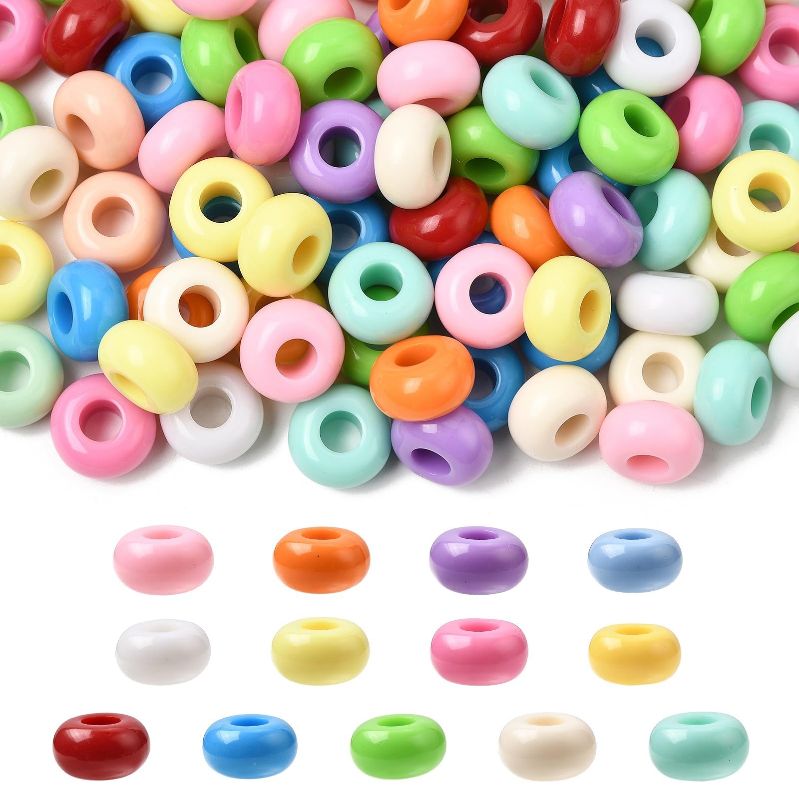 DanLingJewelry 100Pcs Random Colour Acrylic Rondelle Large Hole Beads Flat Round Abacus European Beads for Bracelets Necklaces Making 13-13.5mm