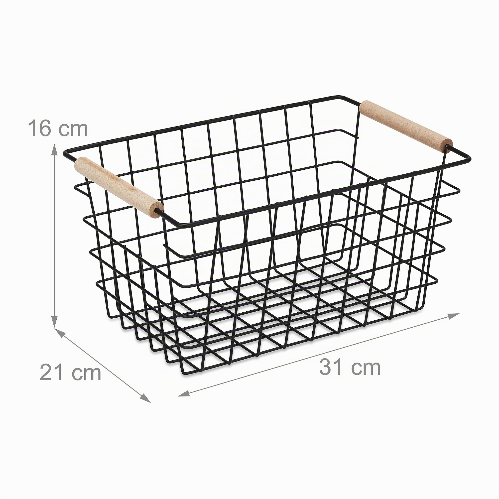 4 Cestas Metálicas Rejilla Alambre con Asas Madera, Canasto Almacenaje Rectangular, 16x31x21cm, Negro