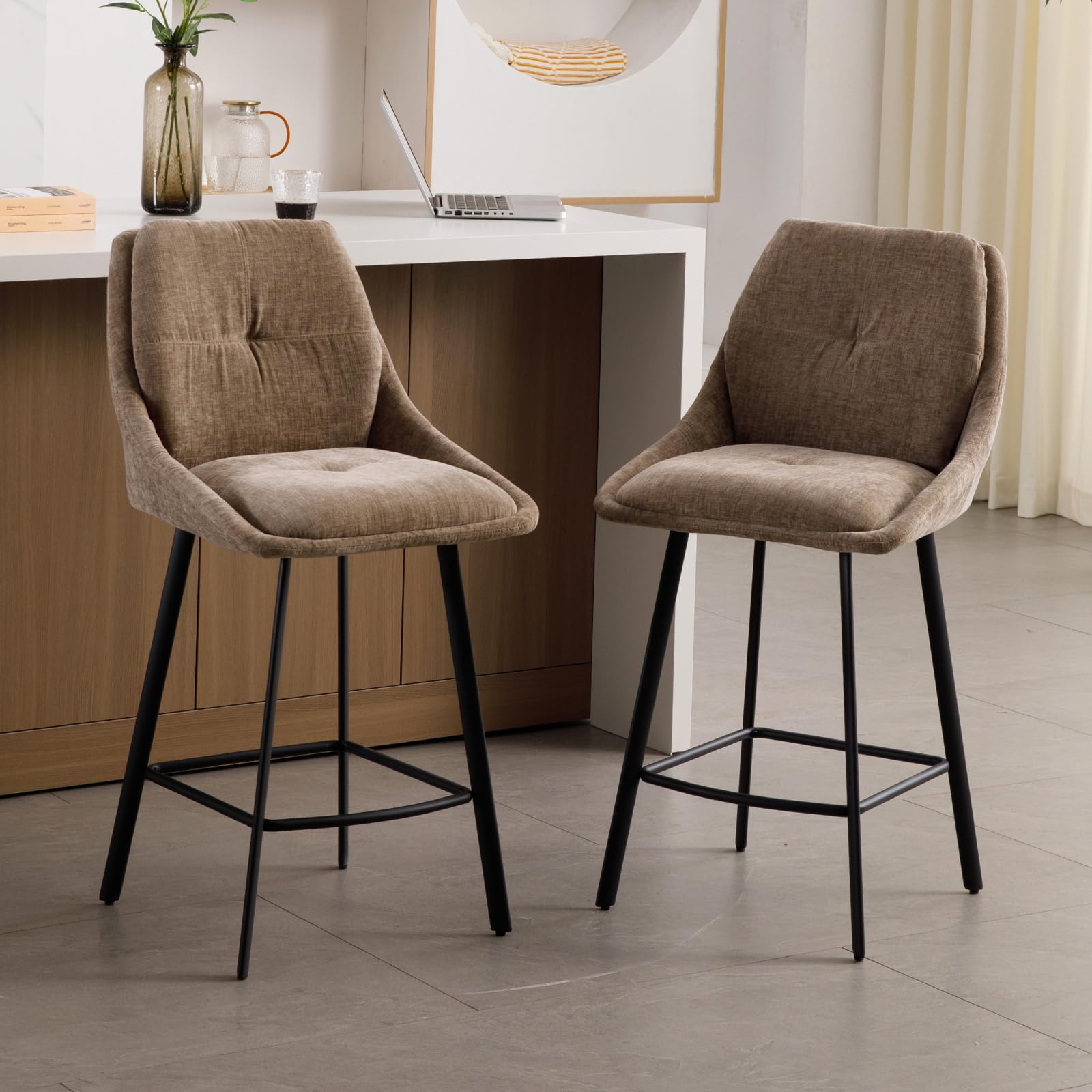Chairus Tabourets de Bar Lot de 2 avec Double Dossier Repose-Pieds Chenille Kaki pour Îlot Cuisine