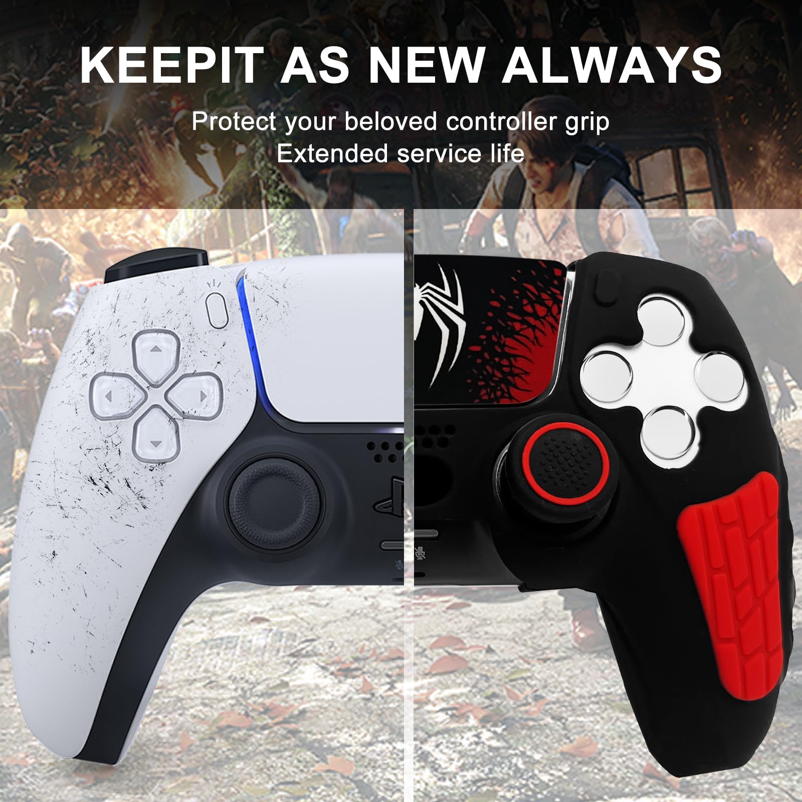 Funda protectora antideslizante de silicona para PS5, diseño de araña negra y suave, compatible con mando PS5/Slim/Pro con 2 tapas de agarre para el pulgar, protectores de joystick, calcomanía
