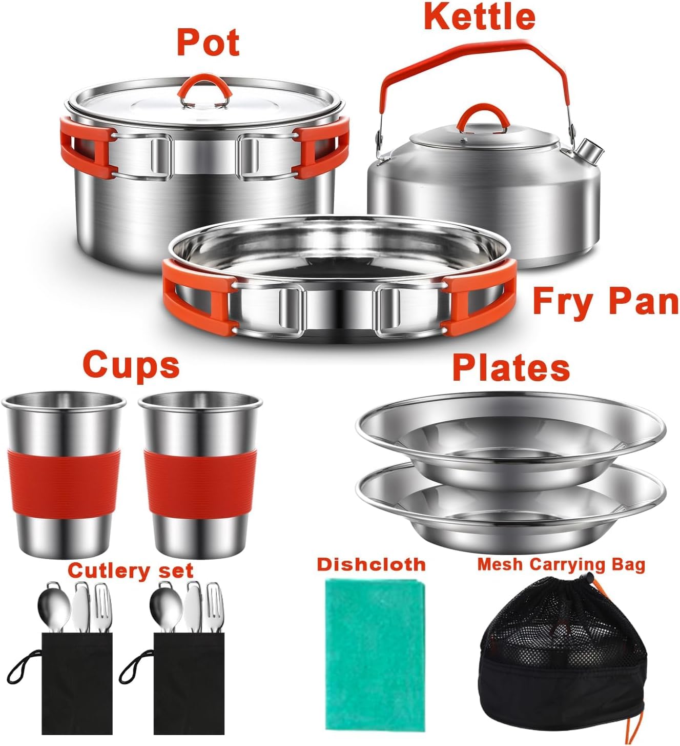 Ensemble de casseroles et poêles de camping en acier inoxydable 304 | Ensemble de cuisine de camping en acier inoxydable 304 avec bouilloire, tasses, assiettes, fourchettes, couteaux