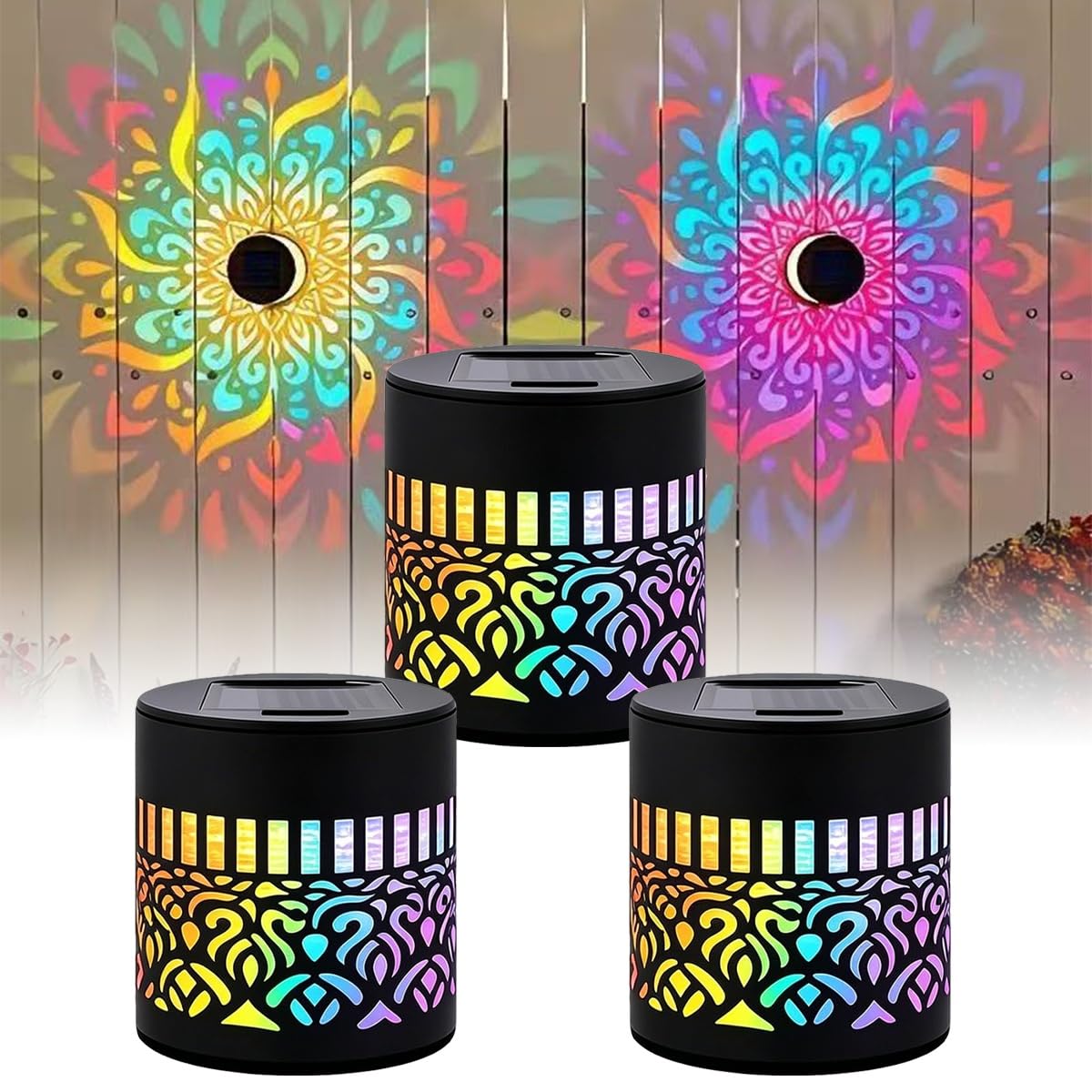 JKJYHF54 Decorative Solar Mandala Lights, Seven-Color Changeable Waterproof Mandela Solar Fence Lights, Mandala Lights Outdoor for Garden Post Patio Backyard Yard Decor(3 PCS)