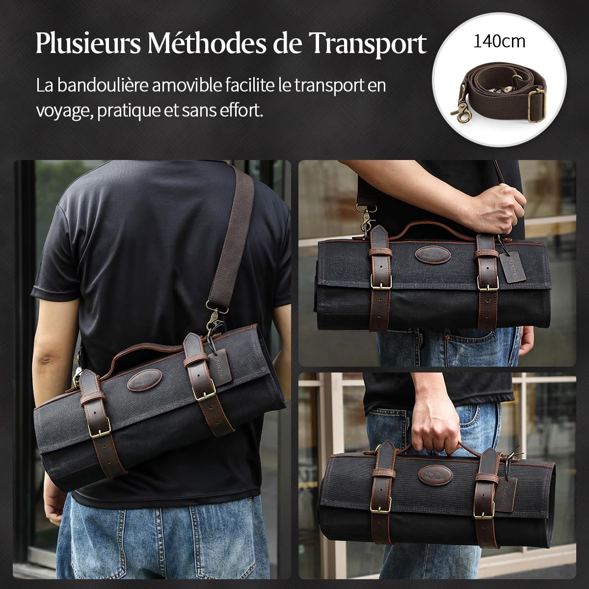 XINZUO Couteau de Chef Roll Sac Noir,12 Emplacements,Toile Cirée Imperméable 16oz et Cuir,Rouleau de Couteaux de Voyage pour Chef, Sac de Rangement Portable pour Couteaux de Cuisine (Pas de Couteau)