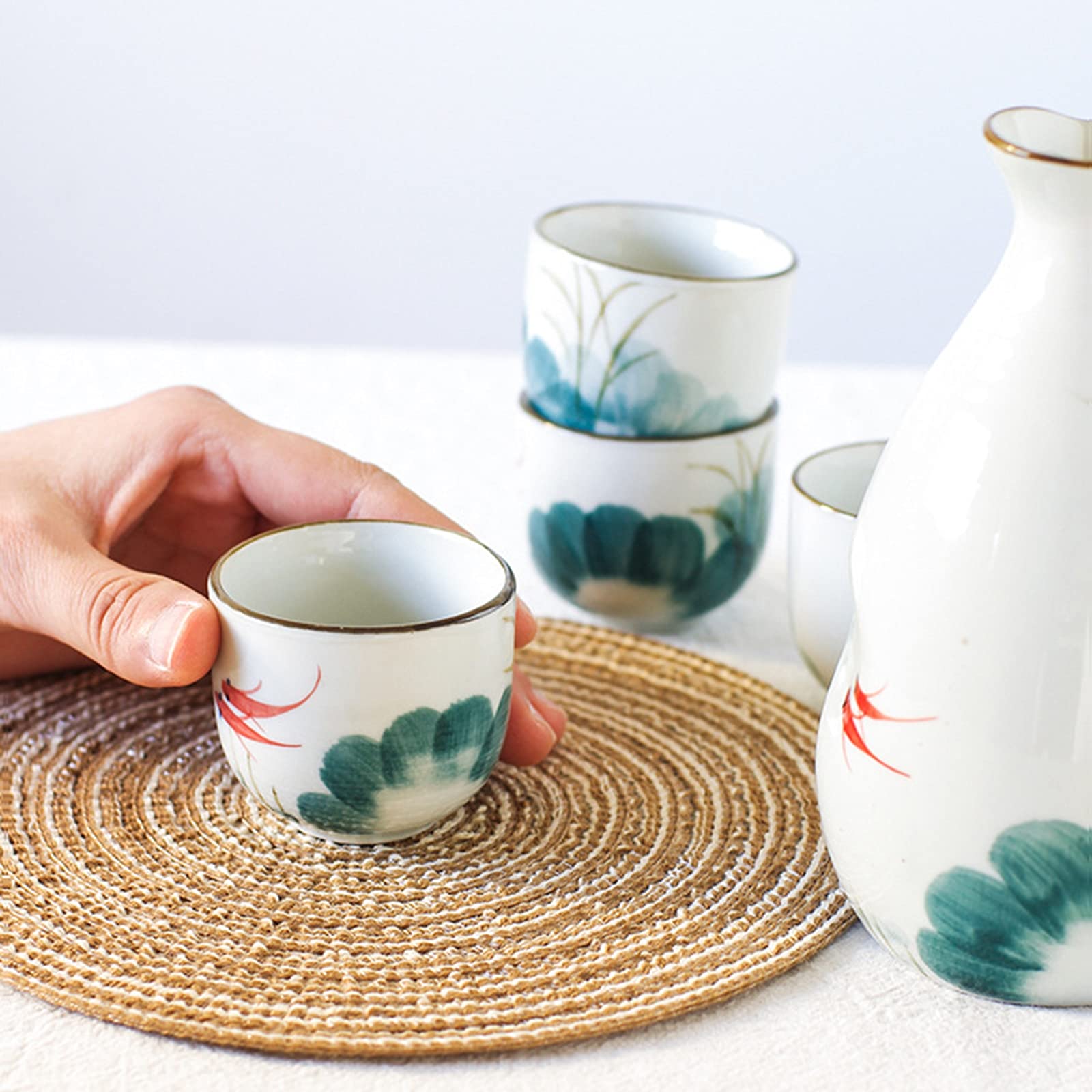 Ensemble de saké, Ensemble de Tasses à saké Japonais Traditionnel, Peint à la Main, Tasses en céramique, Verres à vin Faits à la Main, Ensemble de 5, Poisson Rouge