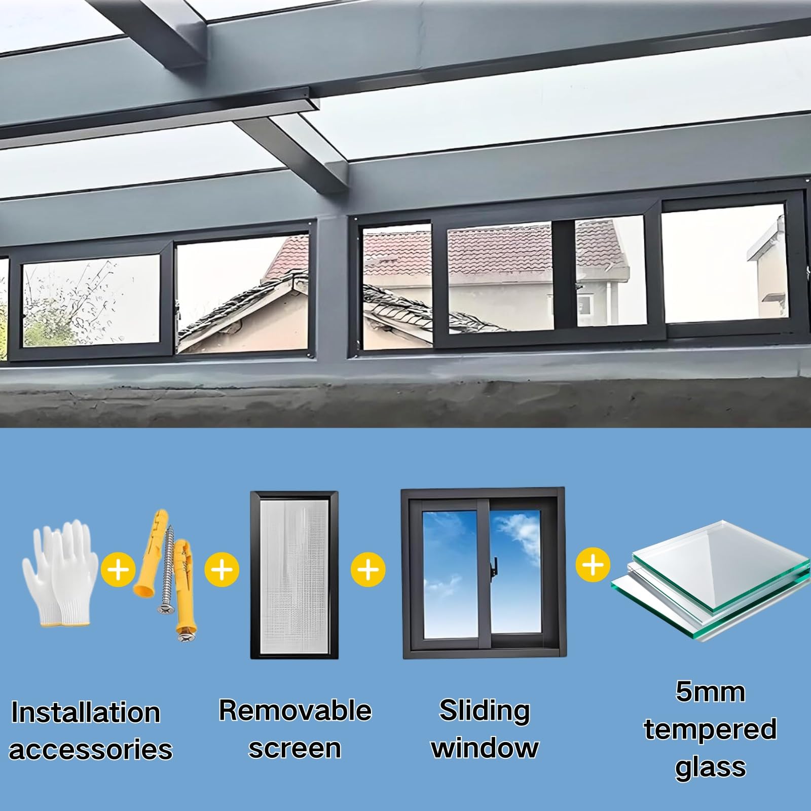 Finestra Scorrevole 50x20cm Finestre A Battente Con Vetro Temperato E Zanzariera In Fibra Di Vetro Per Capanno, Pollaio, Casetta, Garage, Fienile(Dark gray,70x25cm)