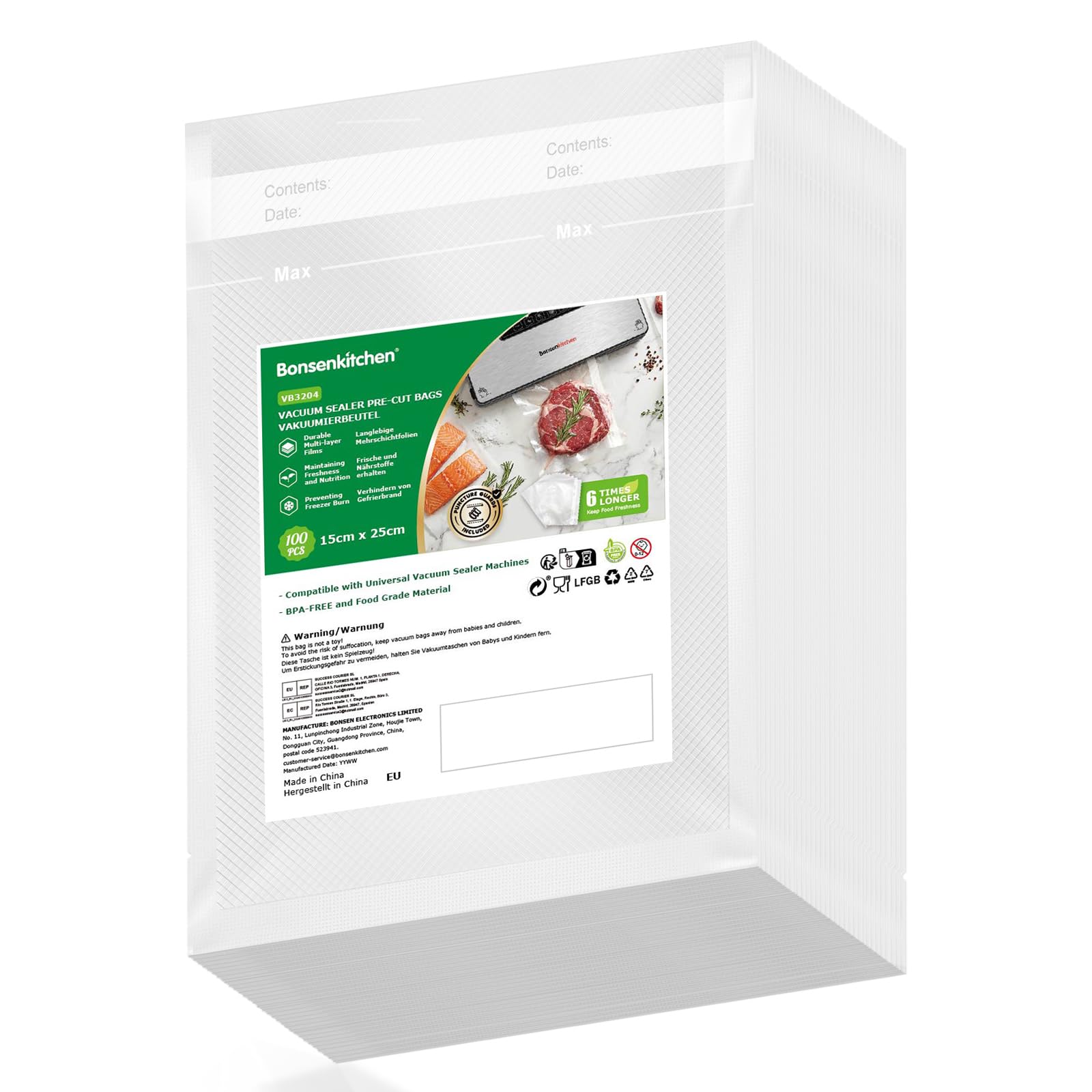Bonsenkitchen Bolsas de vacío 15x25 cm 100 Bolsas Para Máquina de Vacío