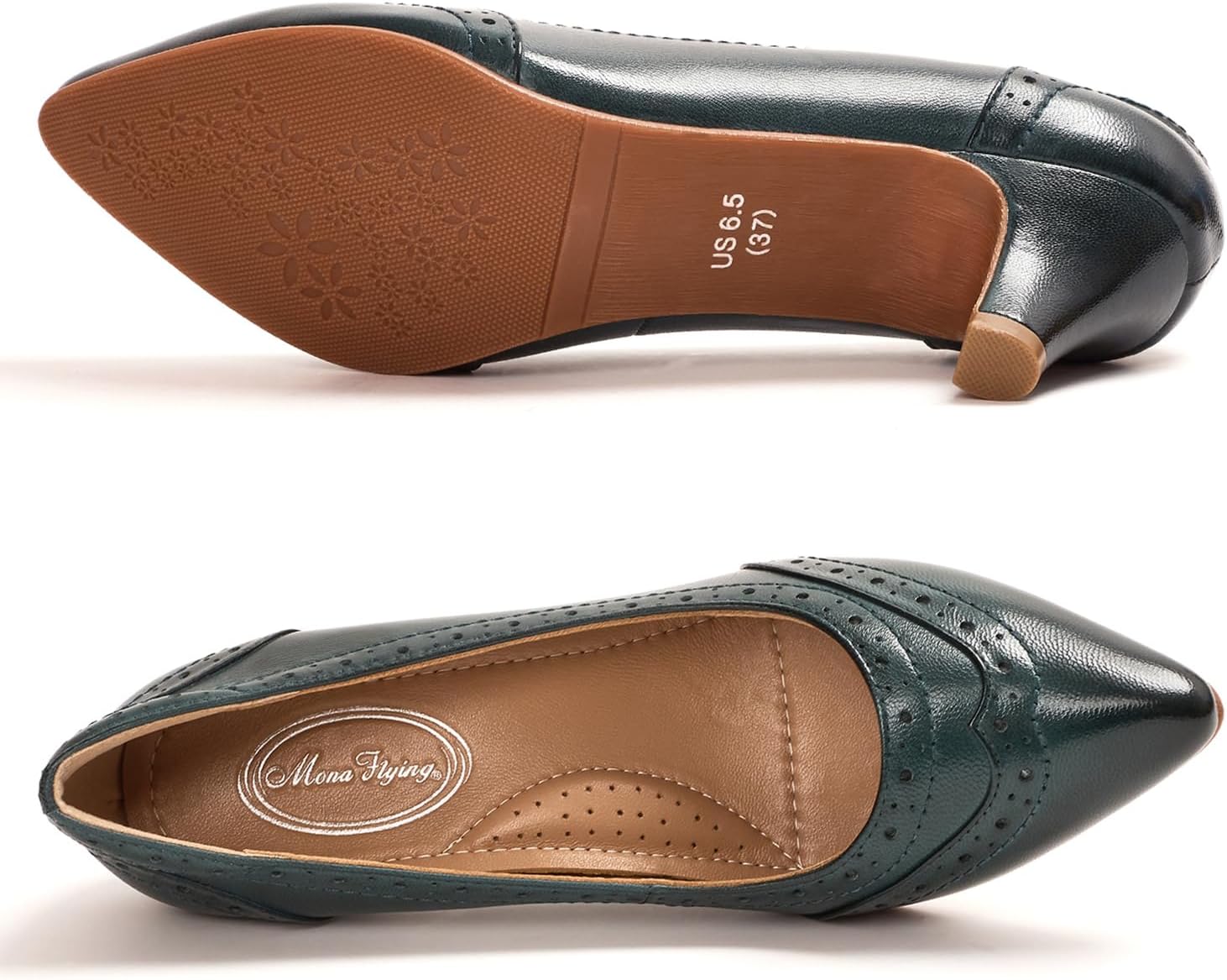 Mona flying Women's Leather Pointed Toe Vintage Brogue Pumps Slip On Mid Heels Dress Shoes for Ladies