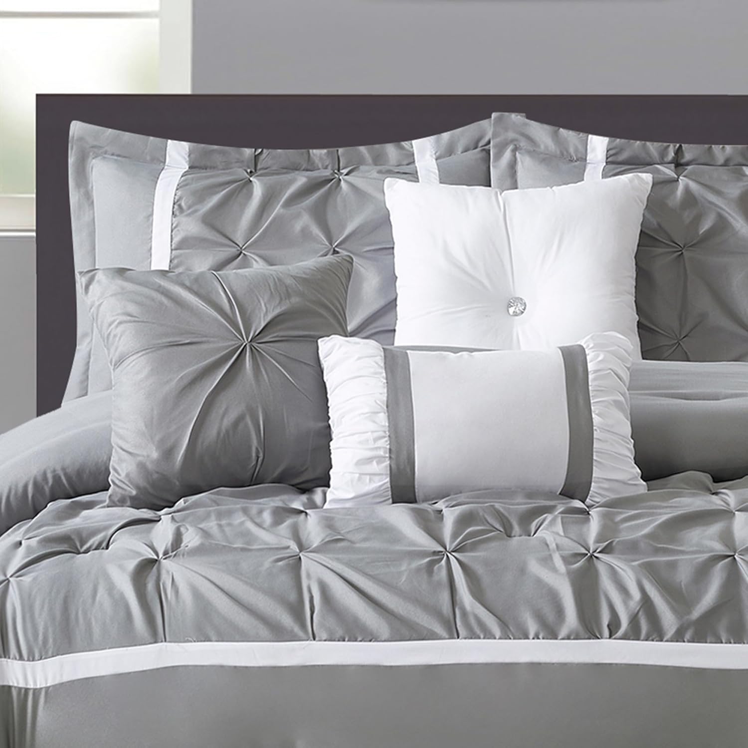 Grey Comforter Set, Queen, 7 Piece Bed in a Bag, Microfiber Handcrafted Pintucking, All Season Bedding Set with Comforter, Bedskirt, Pillow Shams and Decro Pillows - Image 5