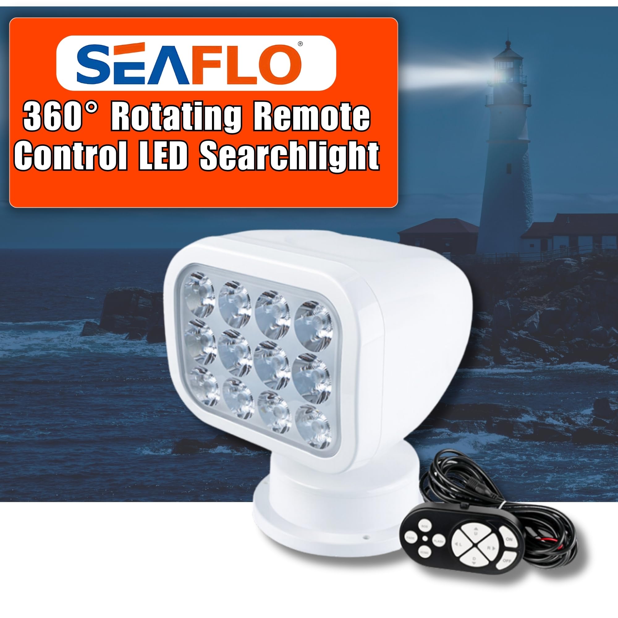 SEAFLO 360° Rotating Remote Control LED Searchlight, 10-30V, Auto-Reset, IP66 Waterproof, Marine Spotlight for Boats, Truck, Vehicles, CE & Rohs Certified (Wired Remote/White/White Light 5500K)