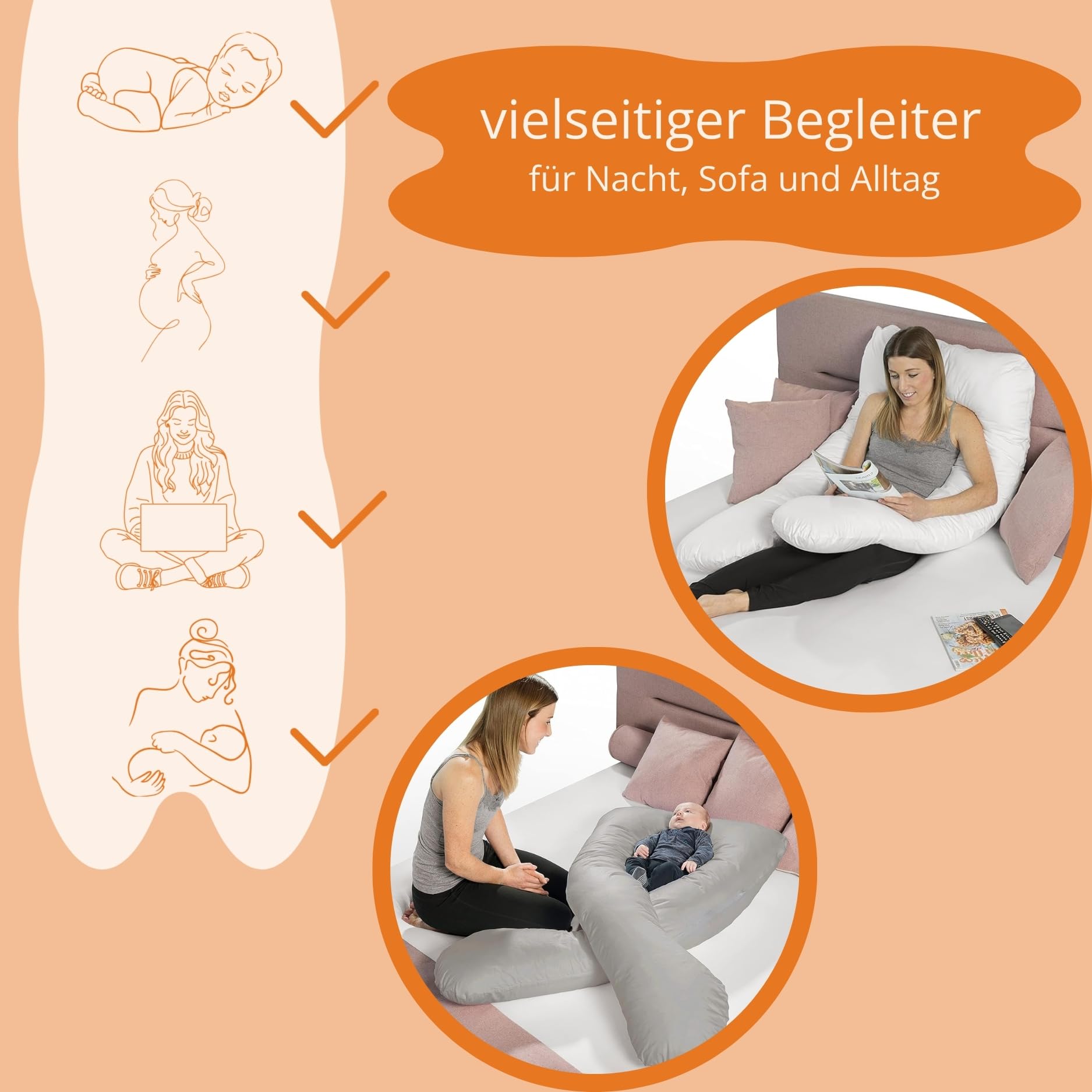 sleepling Schwangerschaftskissen, Seitenschläferkissen, Stillkissen mit Bezug aus Mikrofaser, Schwangerschaft Kissen, Pregnancy Pillow, Waschbar, Oeko-TEX, Made in EU, 140x75x20 cm, grau