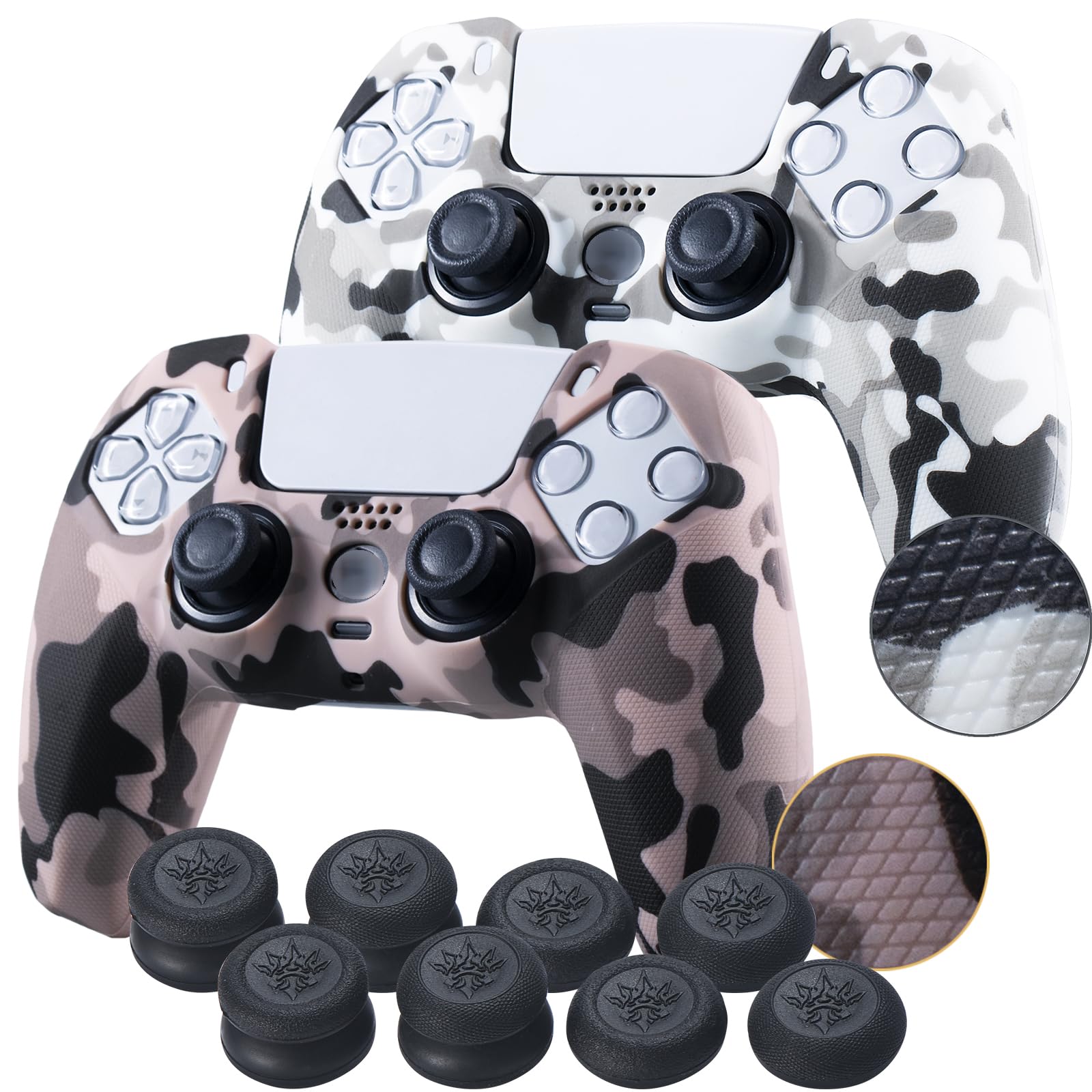 YoRHa Grip Texture Silicone Skin for PS5 Controller x 2(Print White+Champagne Gold) with Pro Thumb Grips x 8