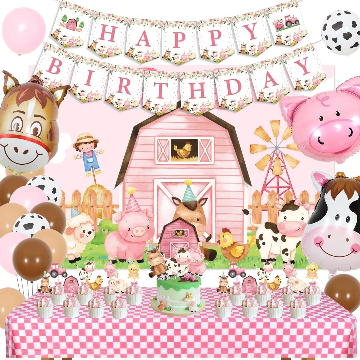 Kreatwow Pink Farm Birthday Party Decorations for Girls Farm Barnyard Happy Birthday Banner Cake Toppers Party Backdrop Tablecloth Cow Pig Donkey Balloons for 1st 2nd Farm Theme Birthday Party