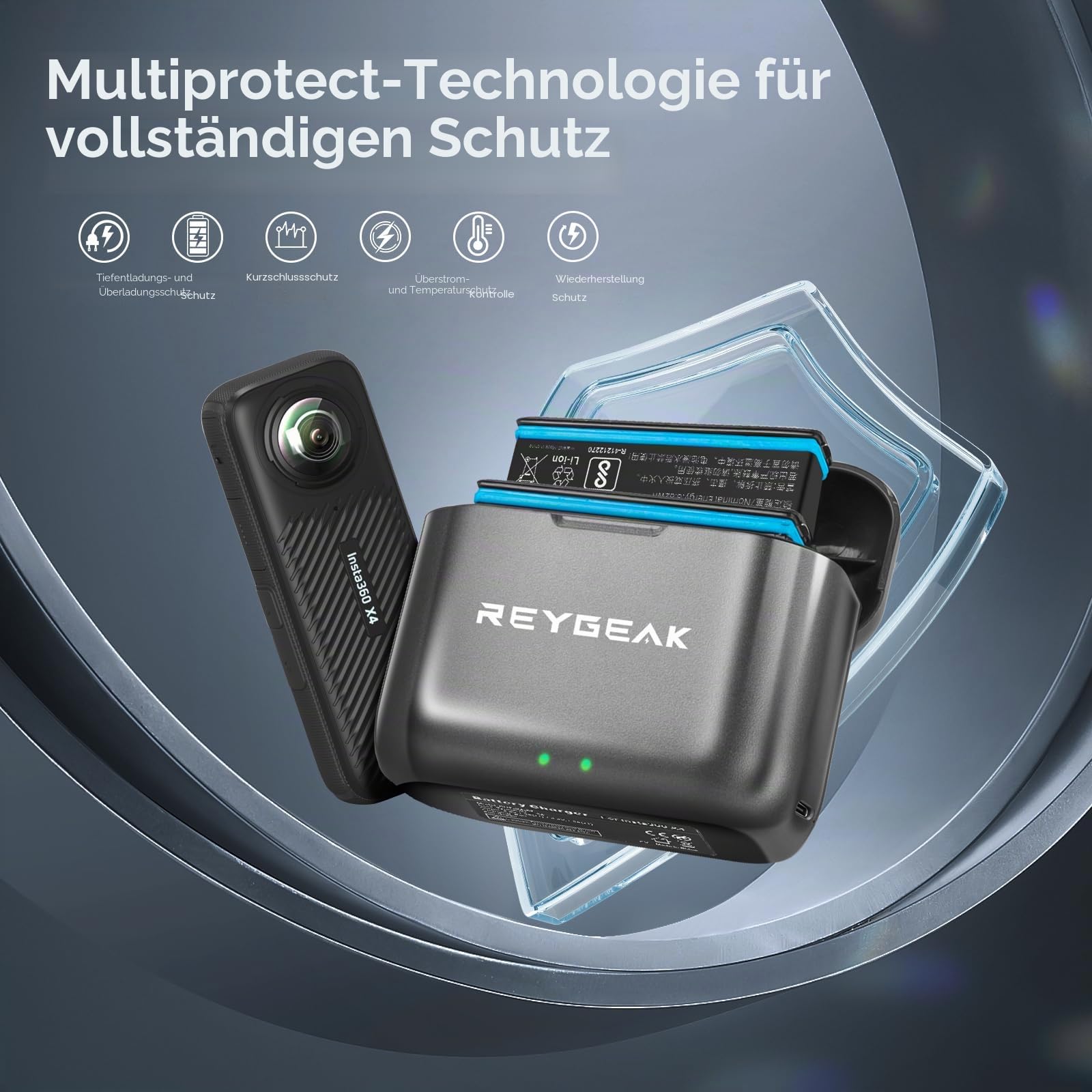 REYGEAK Akku und Ladegerät für Insta360 X4, 2 Stück tragbare Batterien mit 2 Anschlüssen, Akku-Ladung, 2500 mAh wiederaufladbare Batterien nur für Insta360 x4