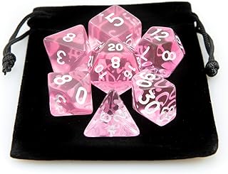 Kit 7 Dados RPG de Mesa D&D Acrílico Translúcido D4 D6 D8 D10 D10% D12 D20 Cor ROSA + 1 Bolsa