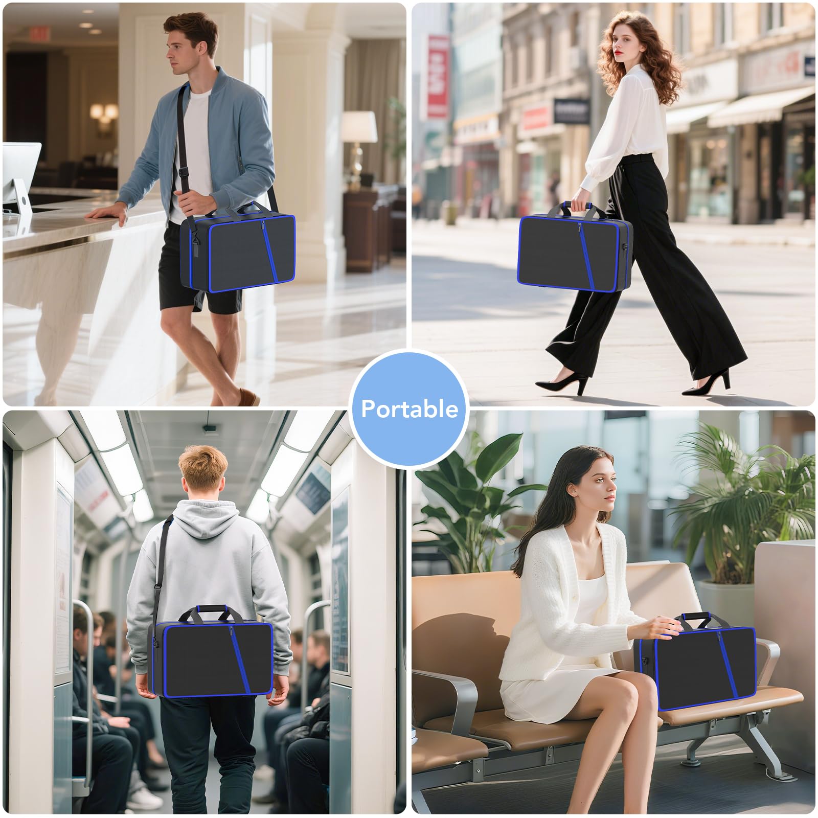 Gersker PS5 Tasche kompatibel mit PS 5/Slim/Pro Digital & Disc, 10 Fächer Aufbewahrung PS5 Rucksack für PS Portal, 4 Spielkarten, 2 Controller, PS 5 Reisetasche mit großer Kapazität, Schwarz & Blau