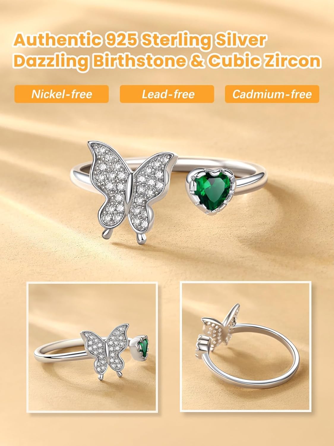 Bestyle 925 Sterling Silver Butterfly Ring Hypoallergnic Adjustable Birthstone Rings for Women Butterfly Jewelry Gifts for Anniversary Mothers' Day Birthday