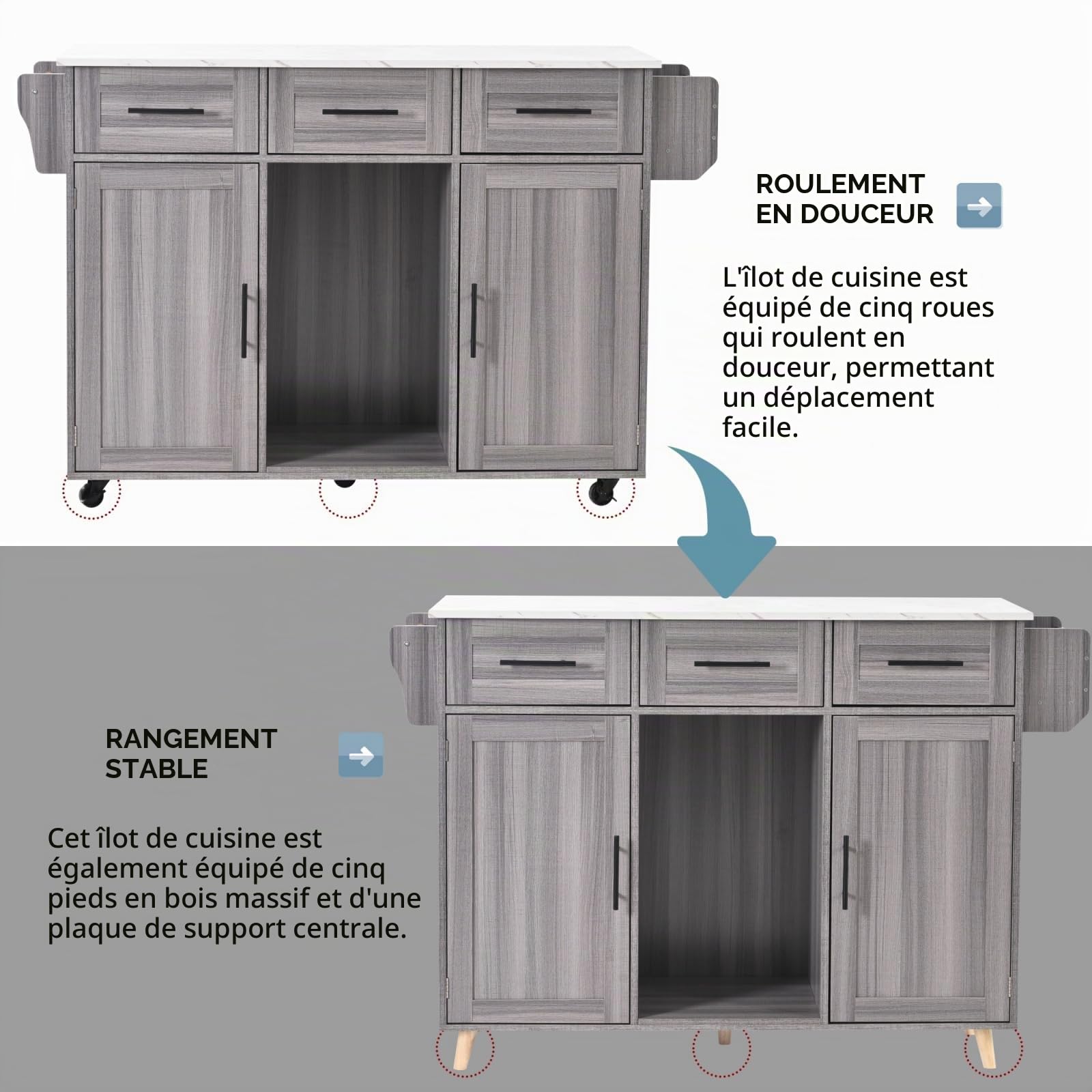 YEHTOKHOME Îlot Central Cuisine avec Plan Rabattable, Desserte de Cuisine à roulettes, Buffet Salle a Manger avec 2 Portes et 2 Tiroirs, Étagère à Épices,Porte-Serviettes (Gris)