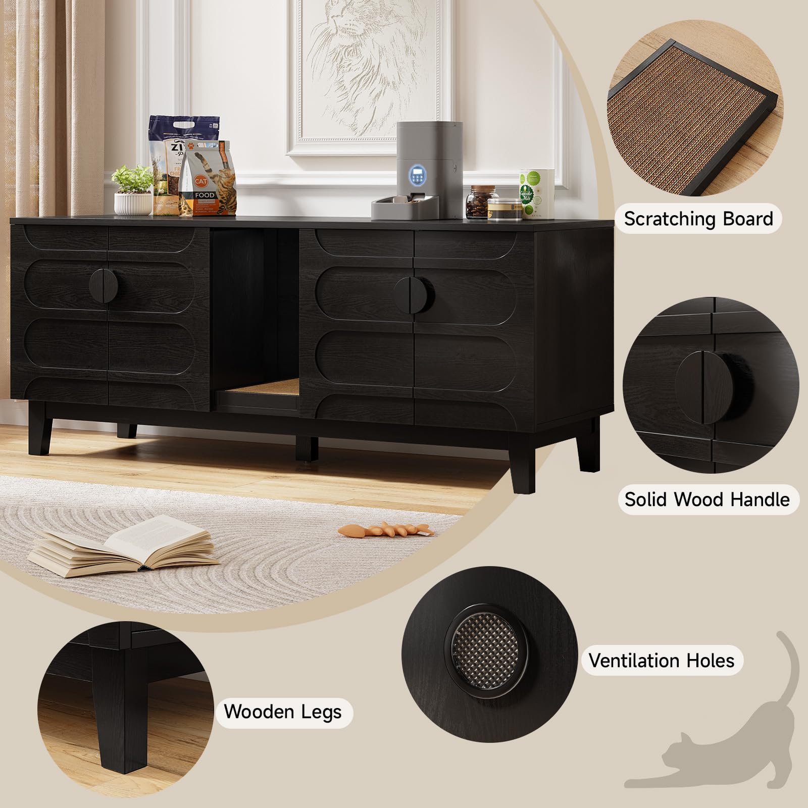 ONBRILL 59 Inches Cat Litter Box Enclosure for 2 Cats, Hidden Litter Boxes Furniture w/Cat Scratch Pad, Modern Large Pet House with Double Room, Wooden TV Stand for Living Room, Black - image 4
