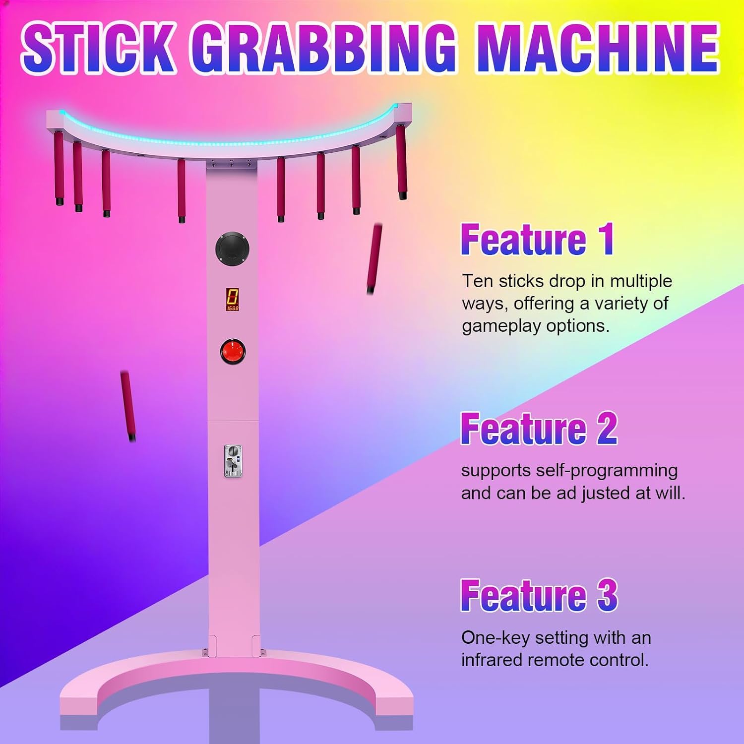 Fangstab-spielautomat – Münzbetriebenes Hand-Augen-koordinations- Und Reflexspiel Mit Stöcken Für Partys, Karneval, Bars, Familienspieleabende Und Unternehmen Pink