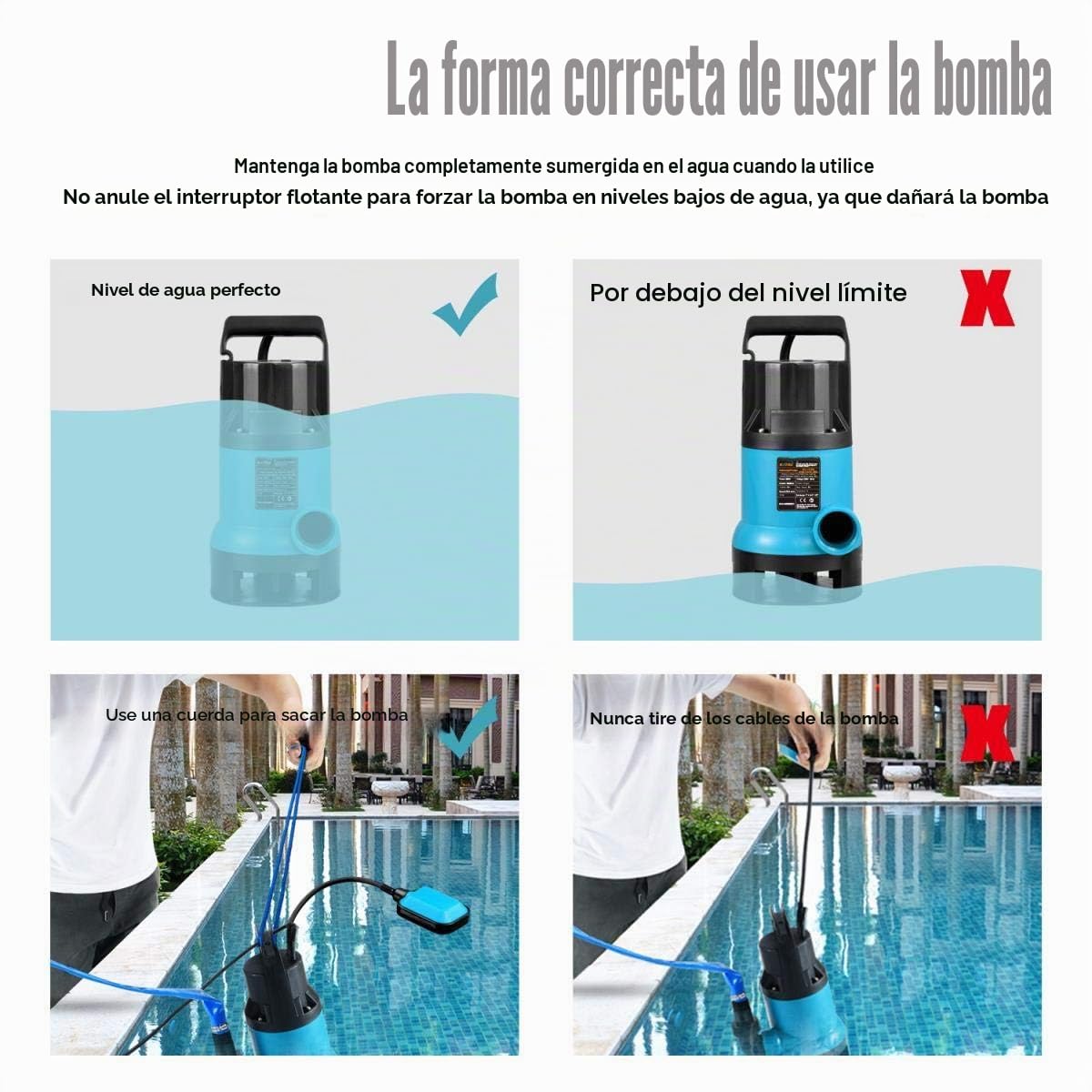 KATSU Bomba sumergible portátil 400 W para agua limpia y sucia con interruptor flotante