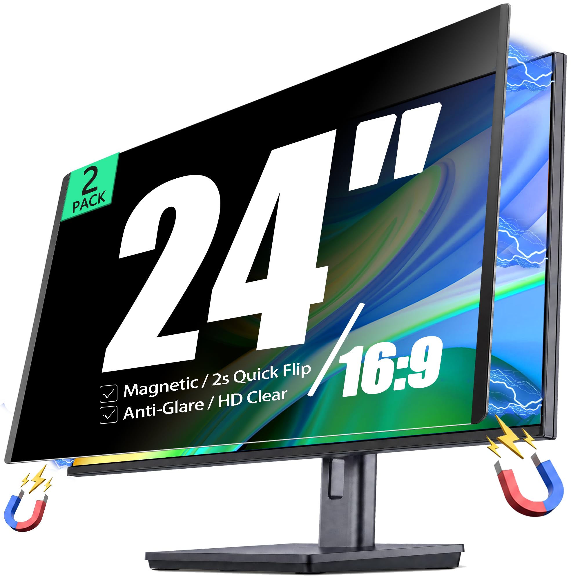 Photo 1 of [2 Pack] Magnetic Privacy Screen for 24 Inch 16:9 Computer Monitor - Reversible Matte/Glossy Anti-Glare, Removable Blue Light Filter Anti-Spy Eye Protection Screen Protector Shield for Desktop PC