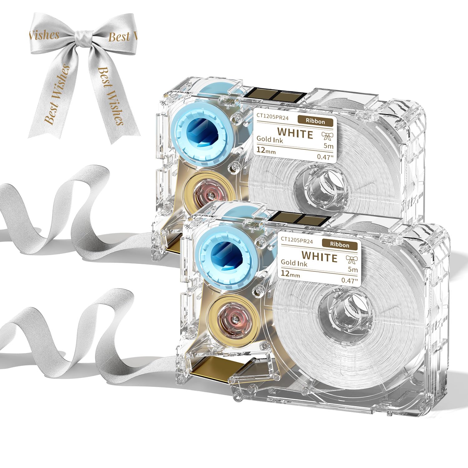 Phomemo A30 P15 Exclusive Ribbon Tapes,White Satin Ribbon Gold Font,2 Packs