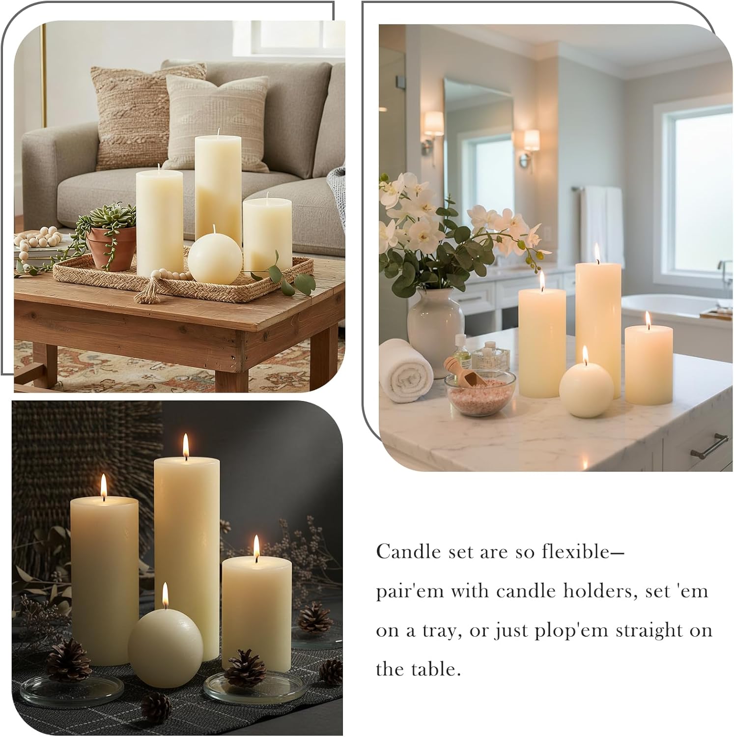 Ivory Rustic Textured Pillar Candles Set - 4 Pcs Assorted Sizes Unscented Pillar Candle, Decorative Farmhouse Candles for Home Centerpiece Decor, Holiday Dinner Table, Dripless & Smokeless