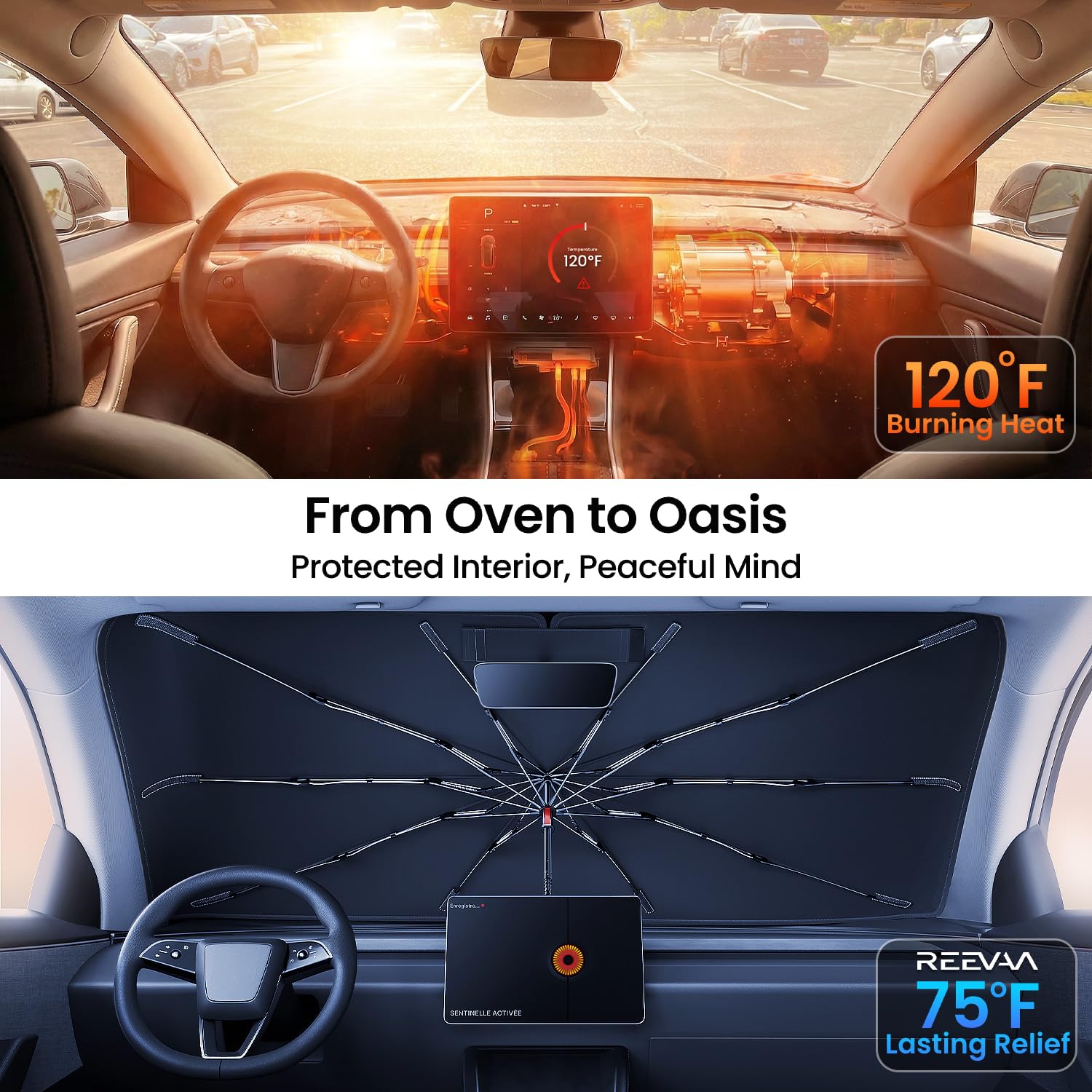 REEVAA Pare-soleil amélioré pour pare-brise [100 % de protection solaire et garde au frais] Protège l'intérieur, poignée flexible à 360 ° pour Honda, Chrysler, Toyota, K13