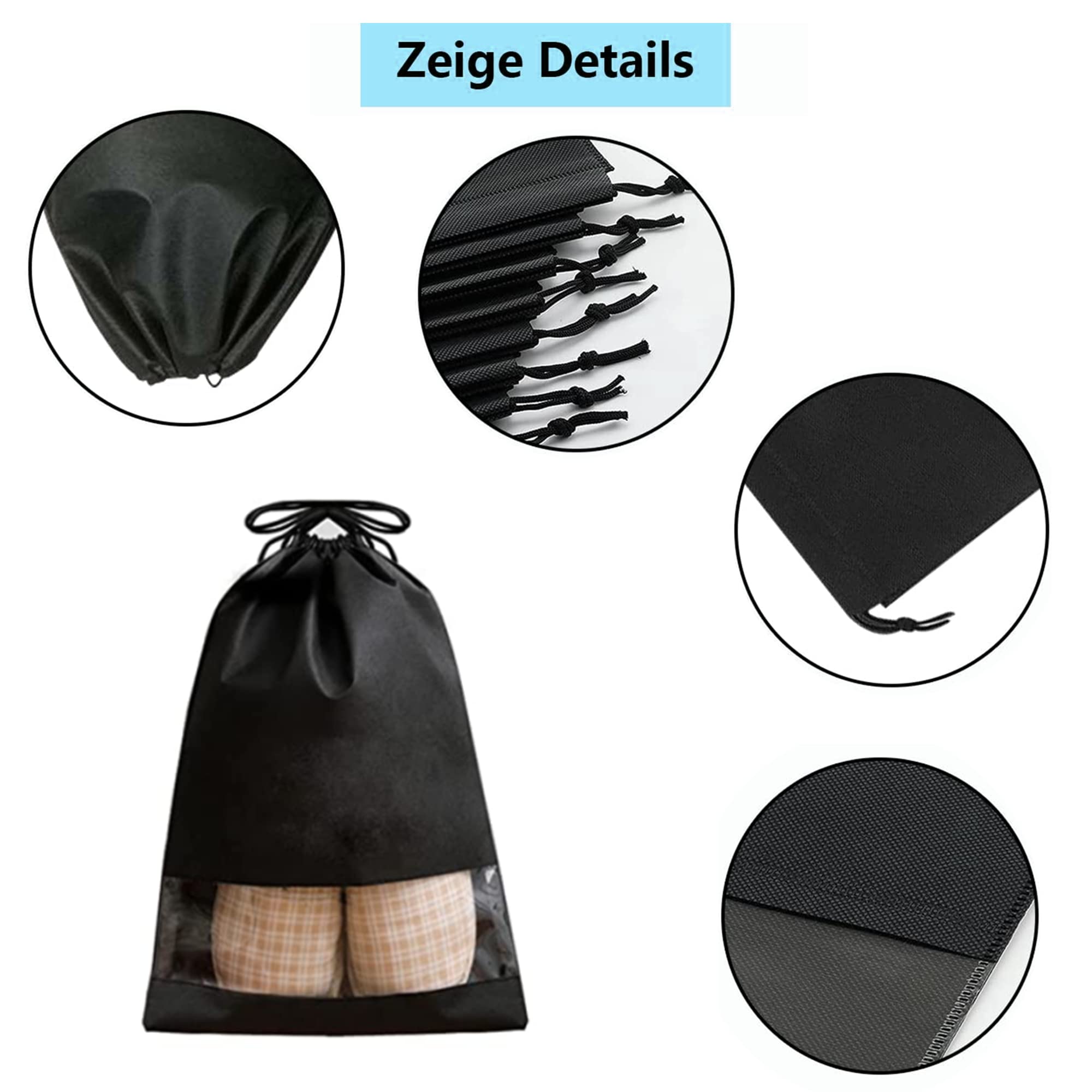 12pcs Non Tessuto Sacchetti Scarpe da viaggio Nera Impermeabile Antipolvere Sacchetti per Calzature con Finestrella Trasparente 44x32cm