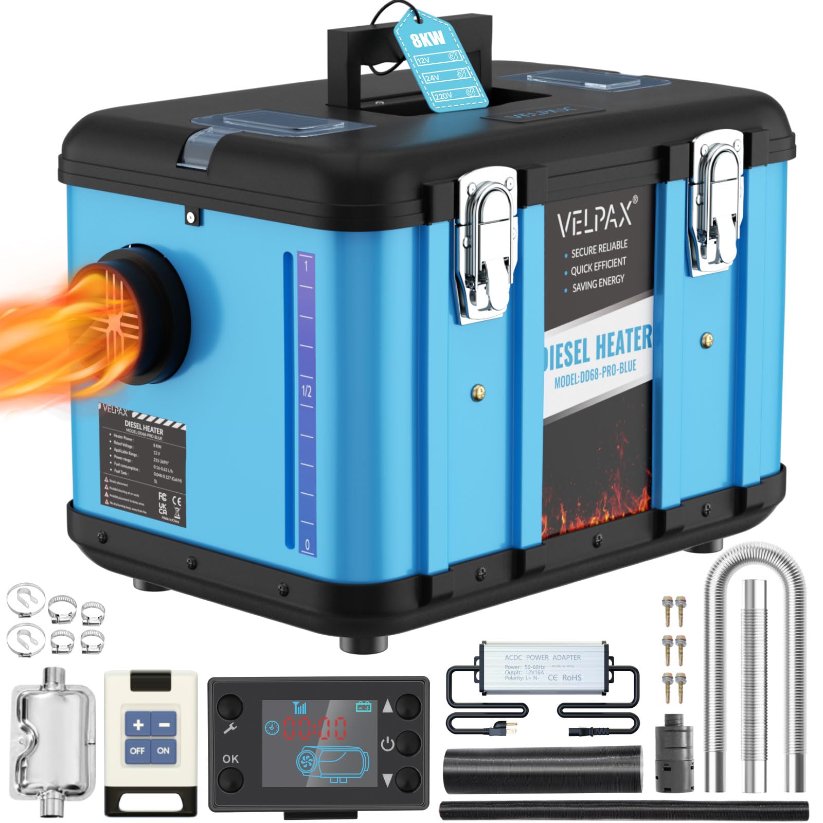 VELPAX Calentador Diésel Portátil Todo en Uno 12V/24/220V 8KW,Calentador de Aire Diesel 0,16-0,52 L/h LCD de Control Remoto,Adecuado para automóviles, Camiones, Barcos